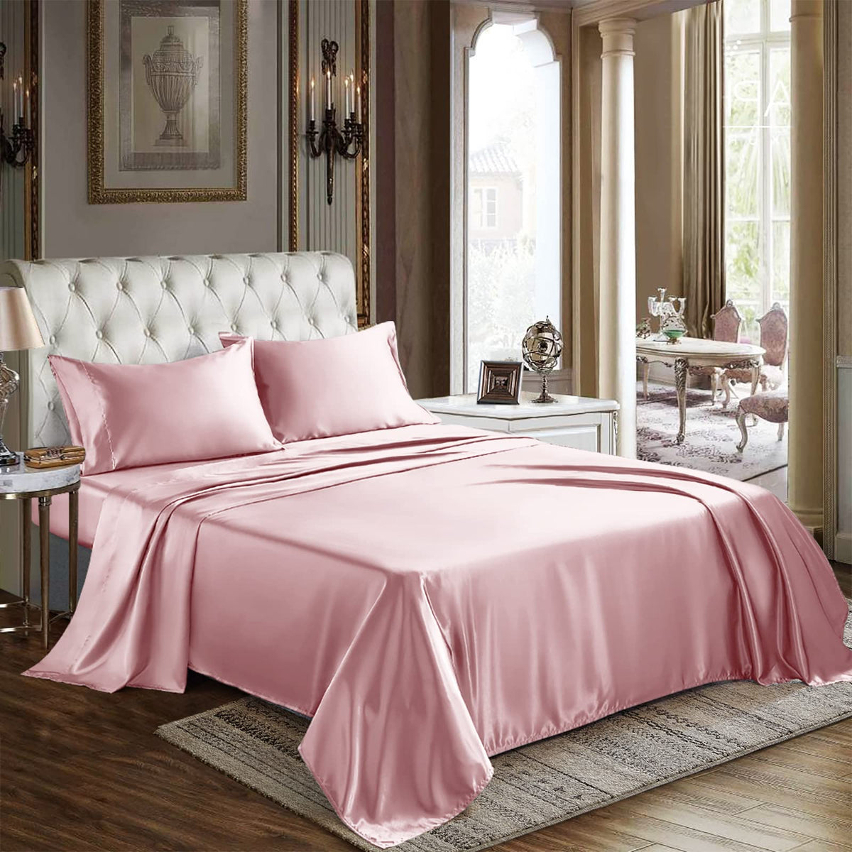Cozylux Satin Sheets, Queen Size Bed Sheets, Silky 4 Pcs Bedding Set, Pink Satin Sheets With 16 Inches Deep Pocket Fitted Sheet,