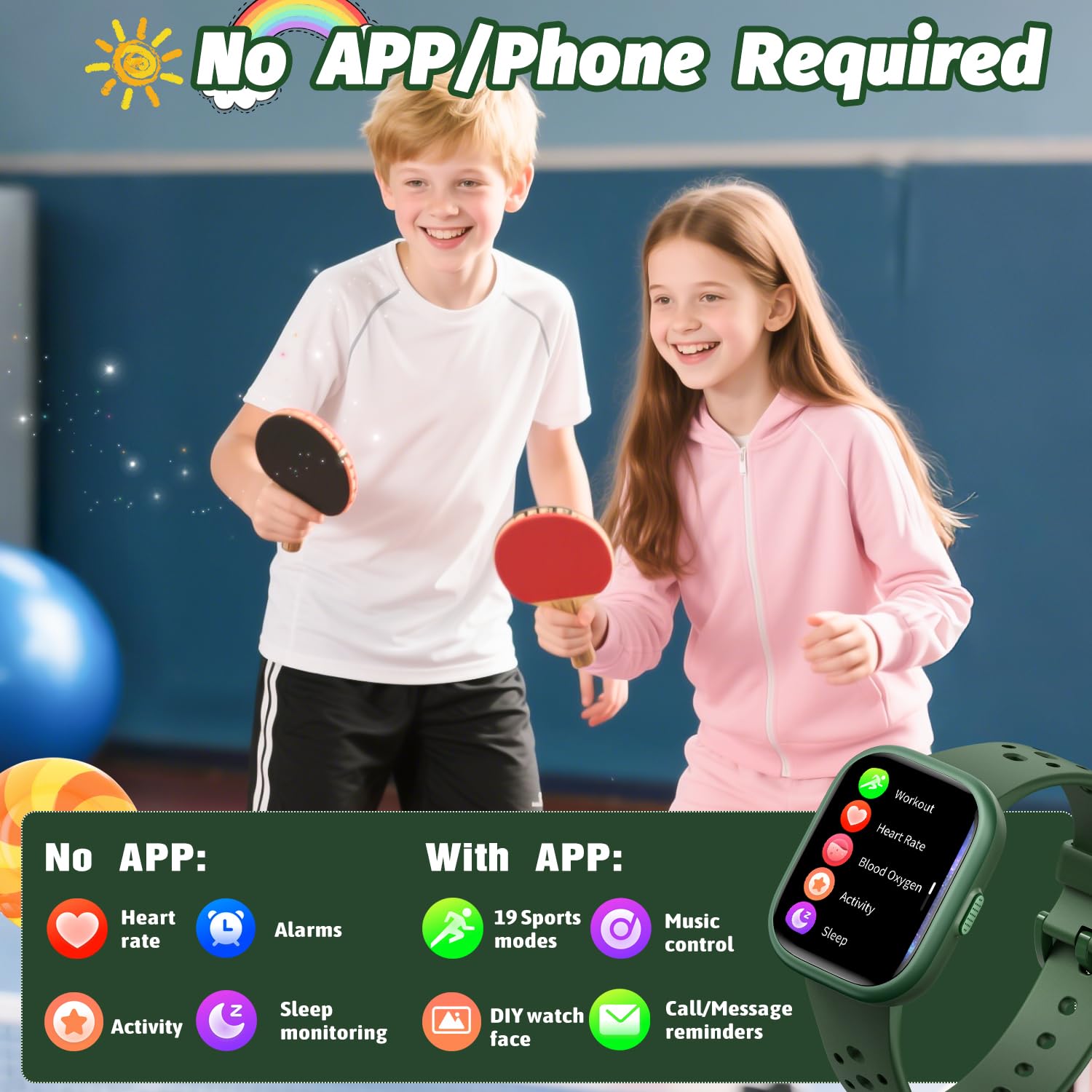 Heroange Kids Smart Watch For Girls Boys,Ip68 Waterproof Kids Fitness Tracker Watch With 1.83 Face,Heart Rate Sleep Monitor,19 S