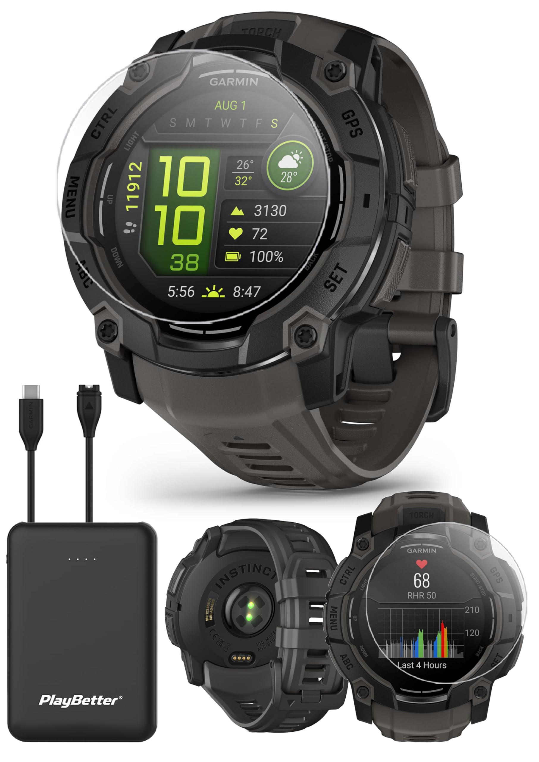 Garmin Instinct 3 50Mm (Black/Charcoal) Amoled Rugged Outdoor Gps Smartwatch Bundle   Metal Bezel, Built In Flashlight, Long Bat