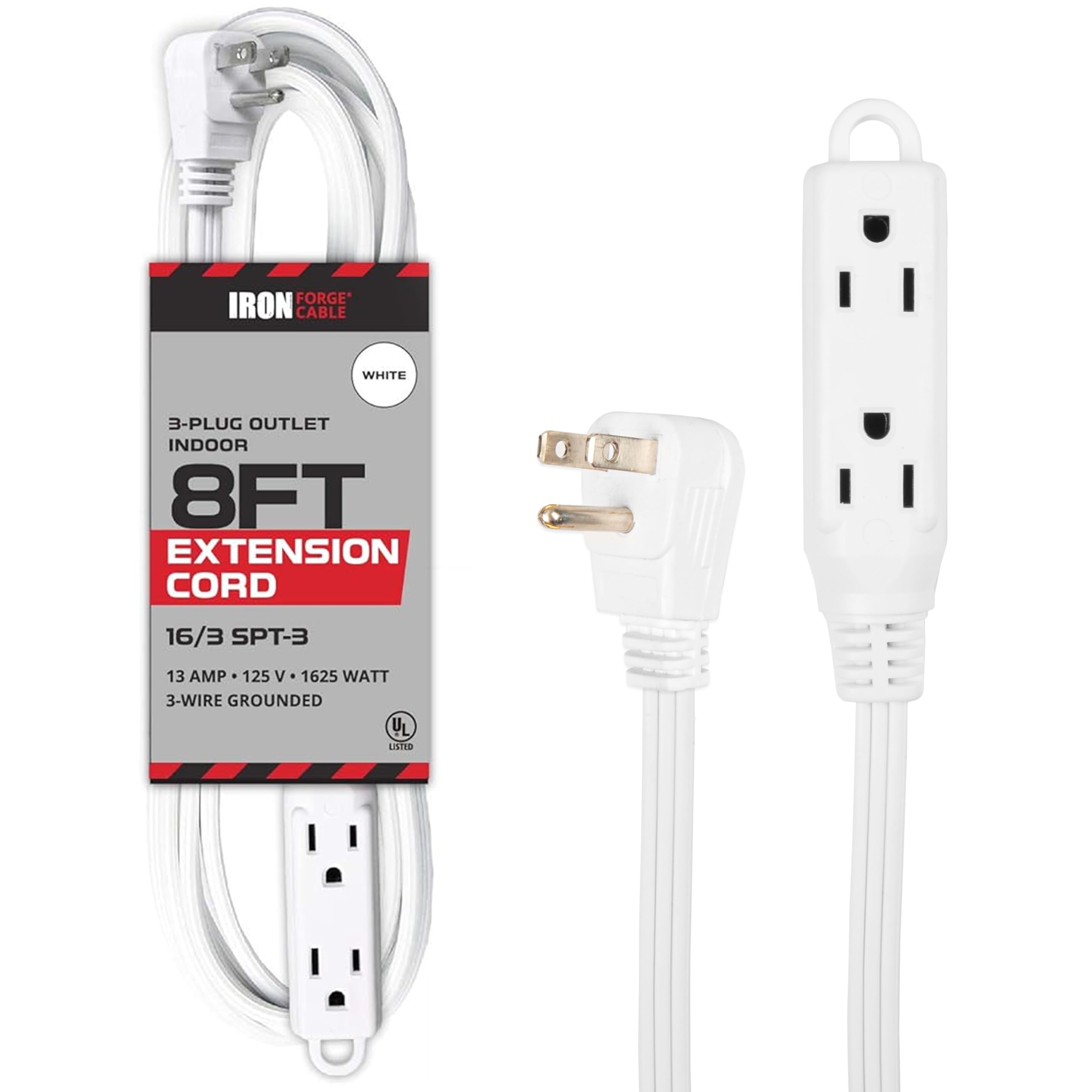 8 Ft Extension Cord With 3 Electrical Power Outlet   16/3 Durable White Cable