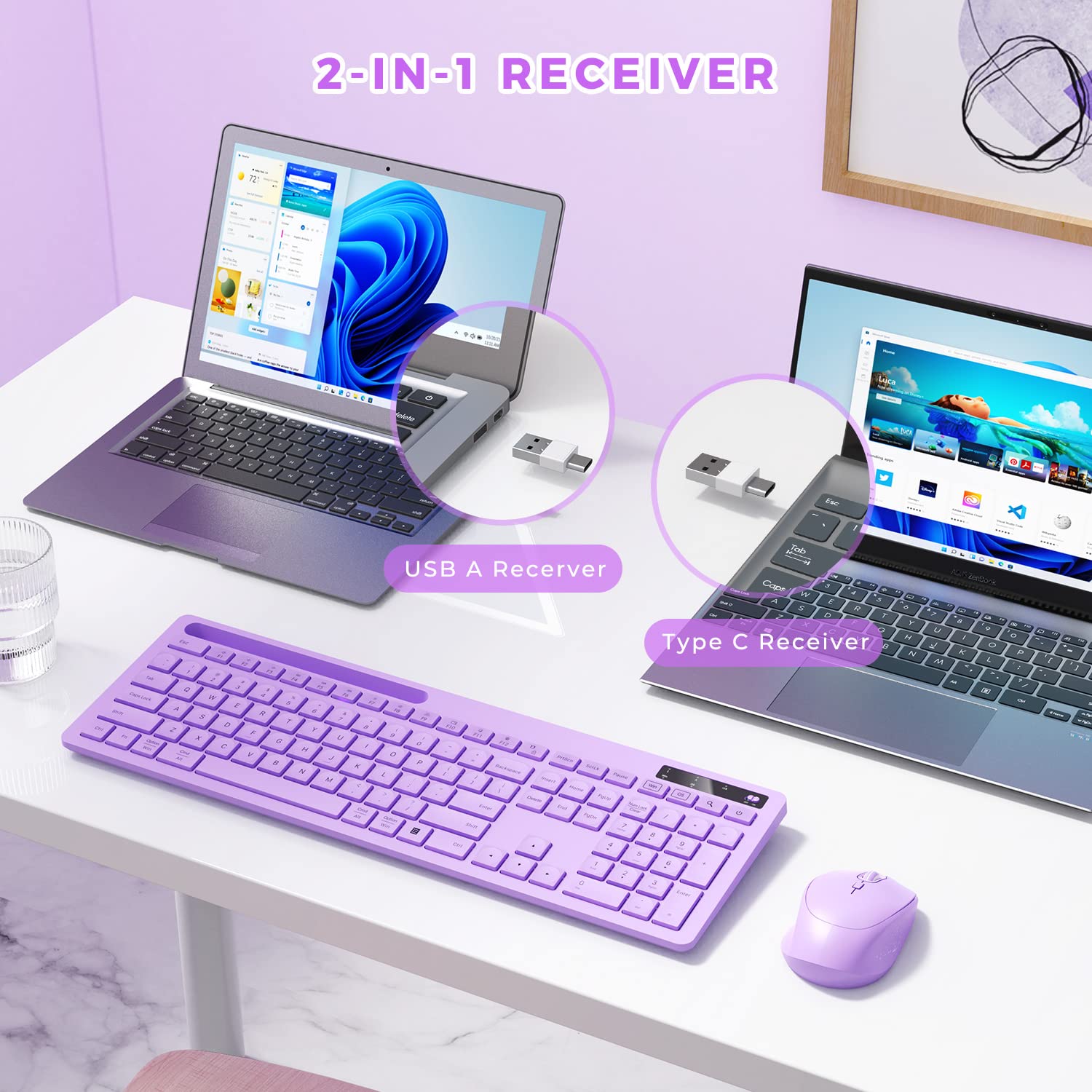 Purple Keyboard And Mouse Wireless, Vivefox Full Size Wireless Keyboard With Phone Holder Usb A & Type C Cute Keyboard And Mouse