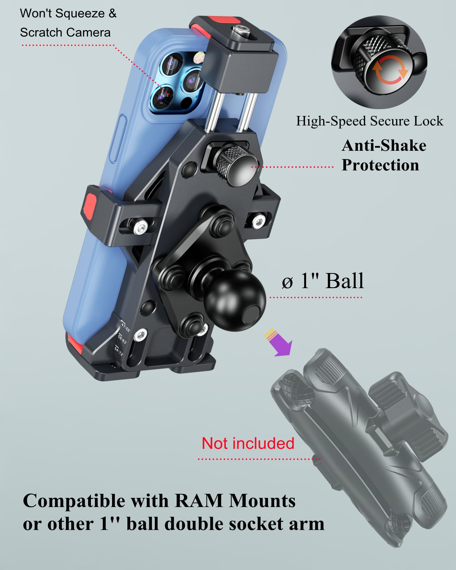 Brcovan 1'' Ball Aluminum Alloy Phone Mount Holder With Vibration Dampener, For Motorcycle Atv Utv Car Bike Boat Truck Scooter F