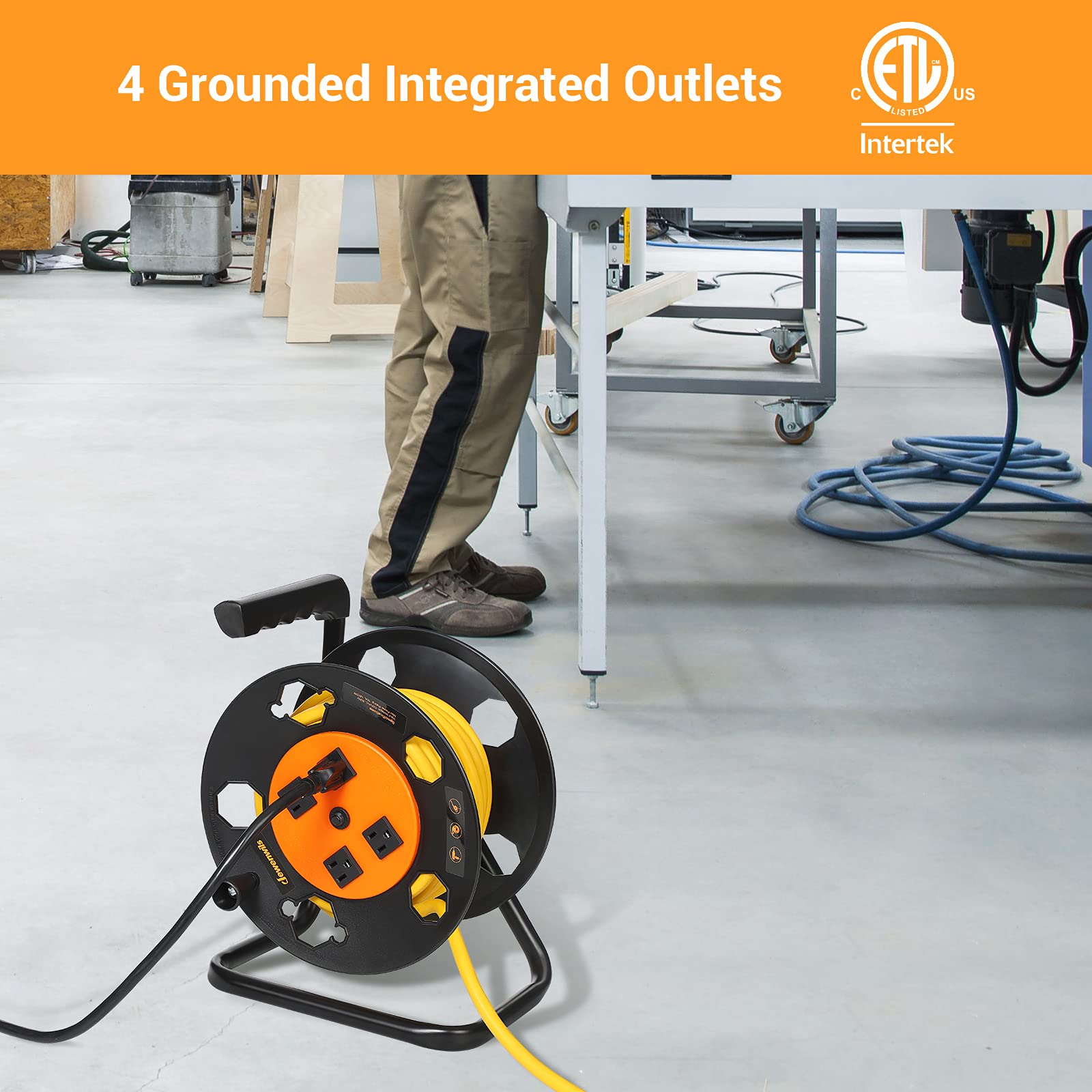 Dewenwils Extension Cord Storage Reel, Heavy Duty Open Cord Reel With 4 Grounded Outlets, 12/3,14/3,16/3 Gauge Power Cord Reel,