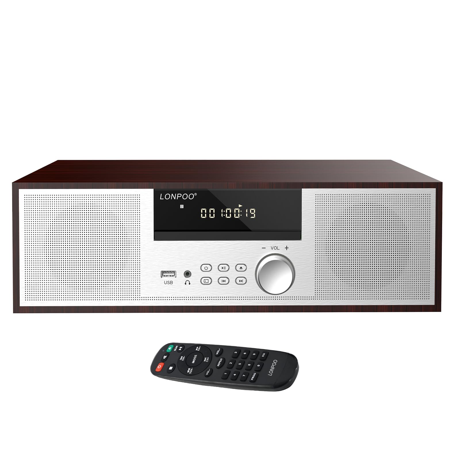 LONPOO Stereo Shelf System for Home, Vintage CD Player 40W RMS Micro Mini System with Remote Control, Bluetooth, FM Radio, USB M