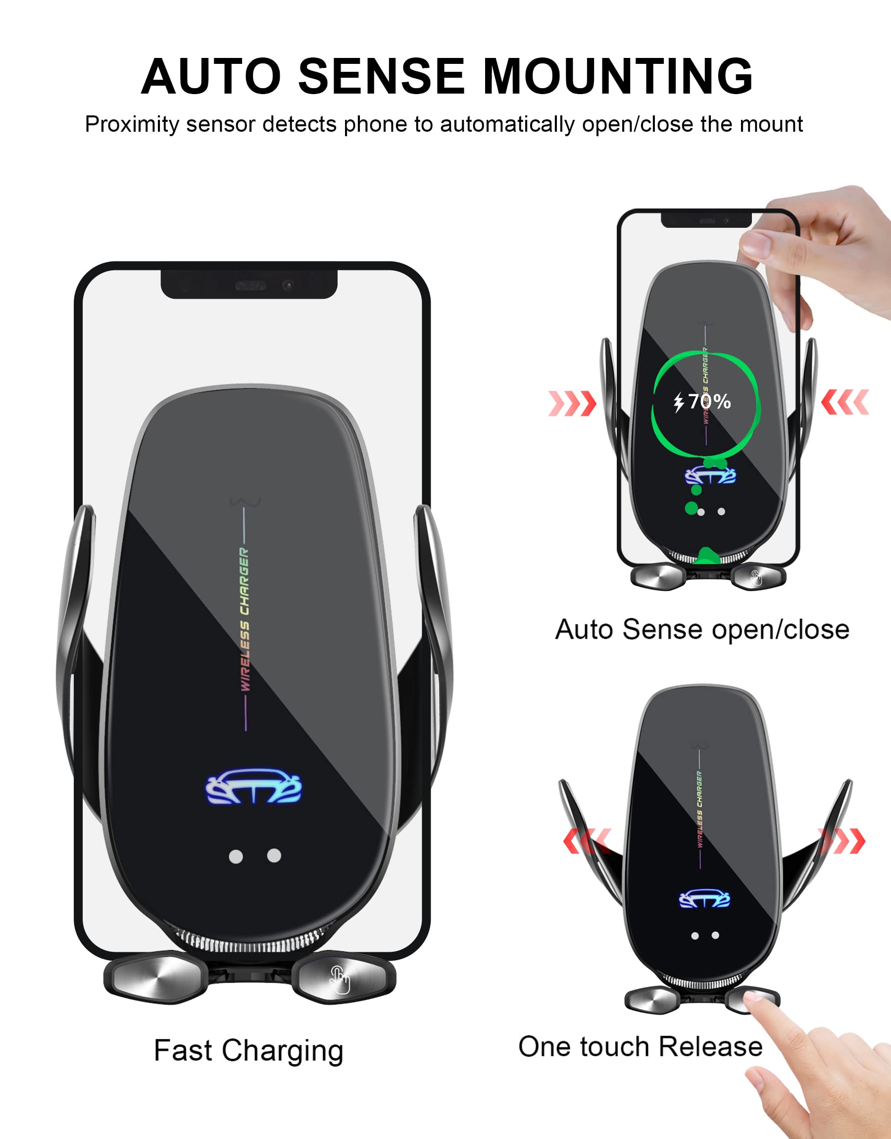 Wireless Car Charger Mount, Fast Charging Auto Clamping 15W Intelligent Dual Control Induction Car Phone Holder Mount Wireless C