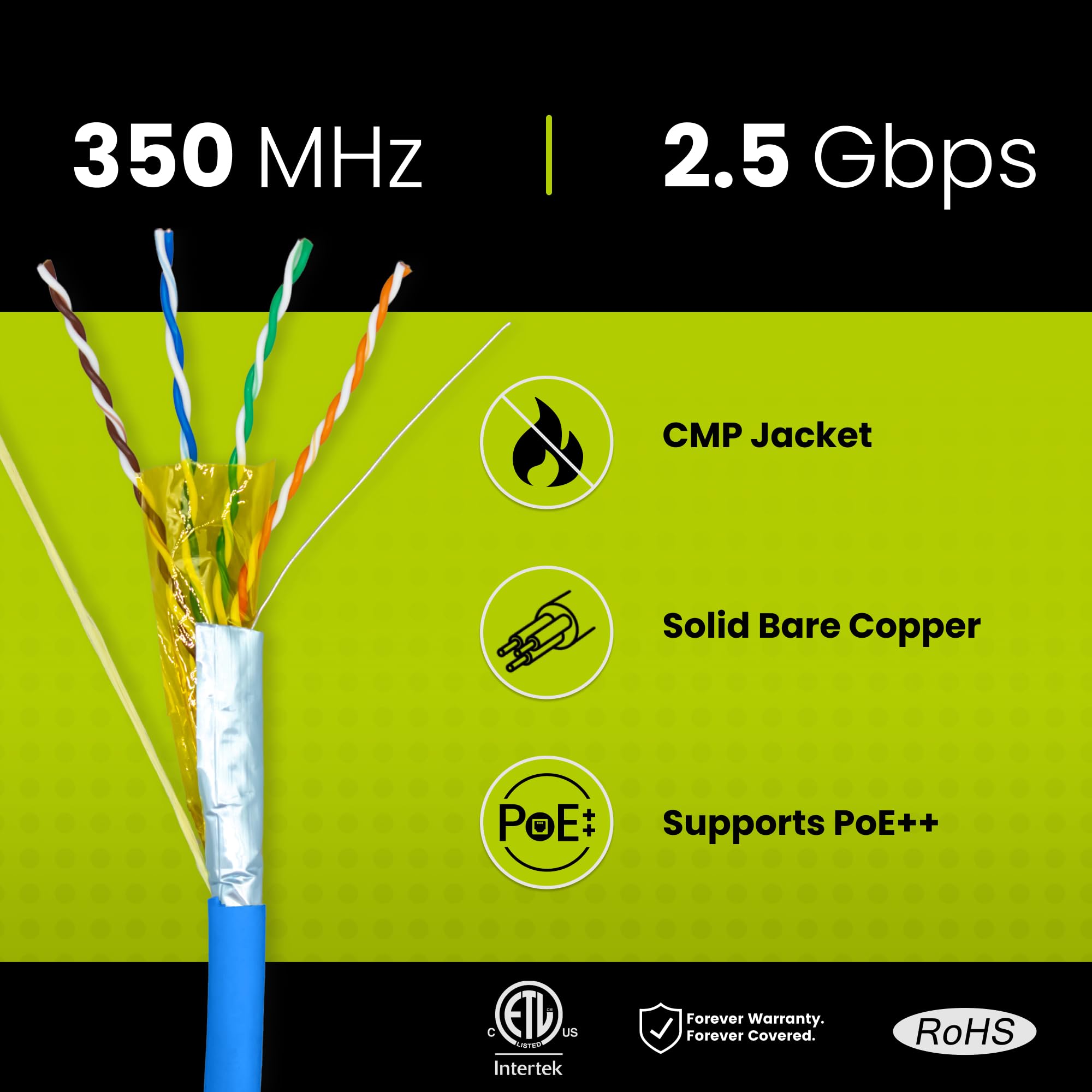 Truecable Cat5E Shielded Plenum (Cmp), 1000Ft, Blue, 24Awg Solid Bare Copper, 350Mhz, Poe++ (4Ppoe), Etl Listed, Overall Aluminum Foil Shield (F/Utp), Bulk Ethernet Cable