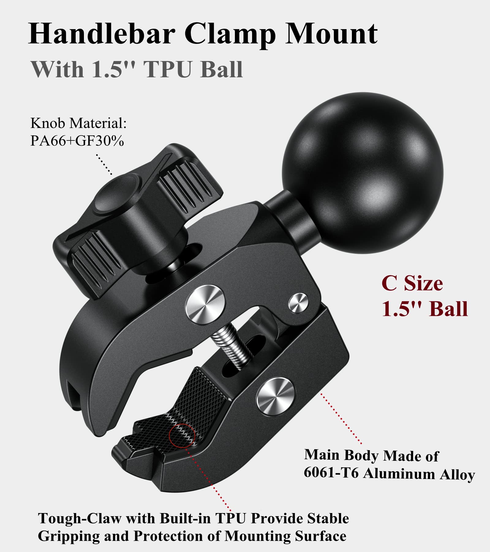 Brcovan Aluminum Alloy Handlebar Clamp Mount Base With 1.5'' Tpu Ball For Rails 0.5'' To 1.75'' In Diameter, Compatible With Ram Mounts C Size 1.5 Inch Ball Double Socket Arm