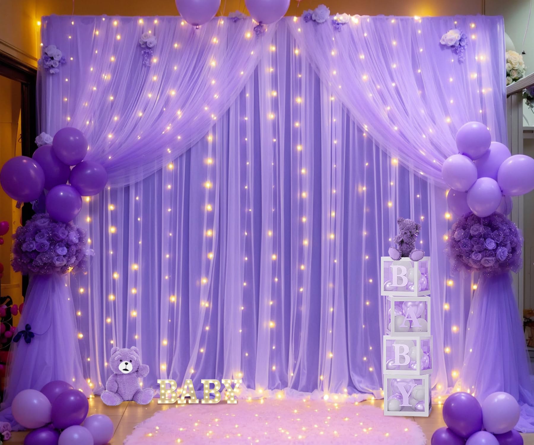 Purple Sheer Backdrop Curtains With Lights String For Baby Shower Girls 2 Panels 5  8Ft Tulle Backdrop Curtain For Wedding Brida