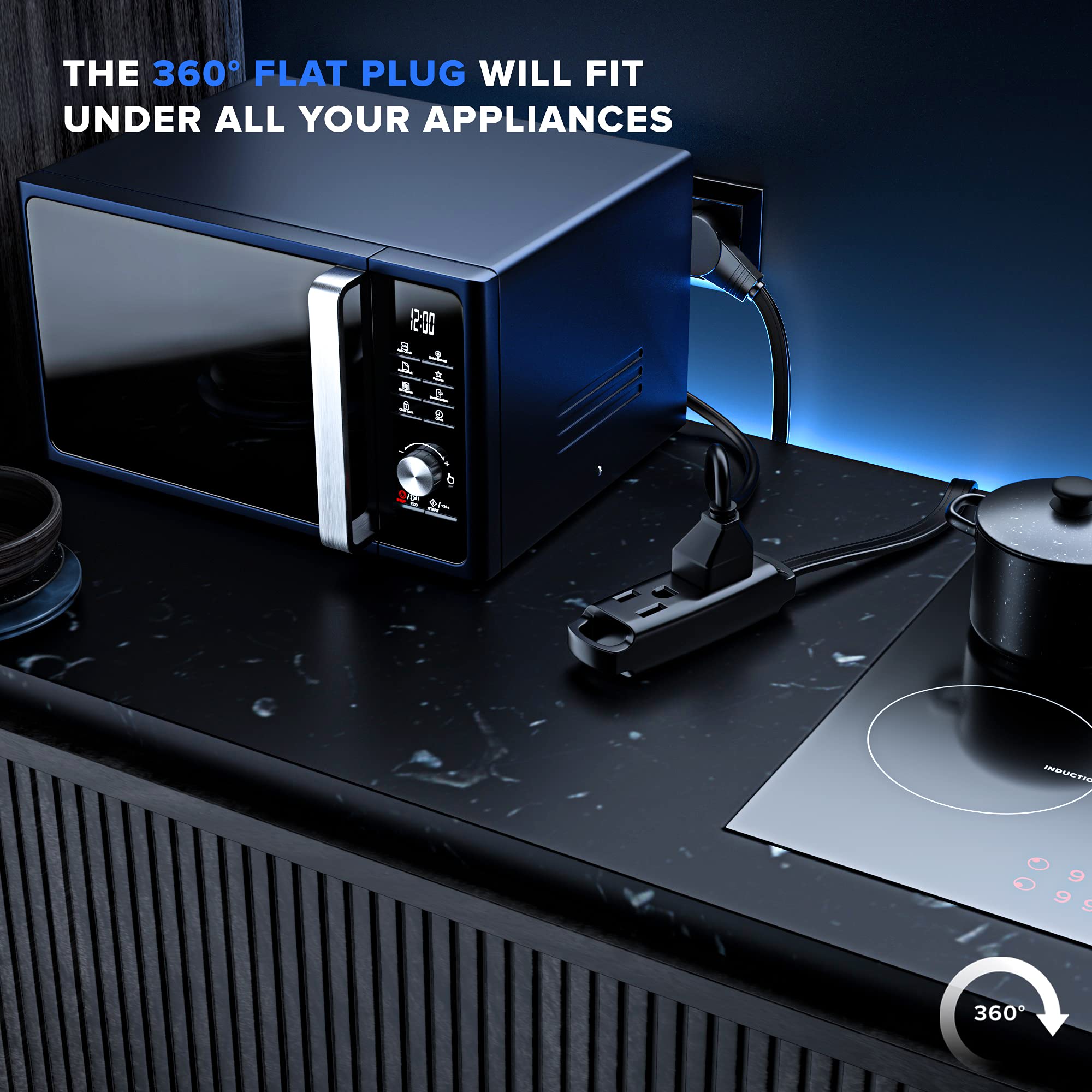 Maximm 360 Degree Rotating Flat Extension Cord 1 Ft Multi 3 Outlet Power Cord Grounded 16 Awg Ul Certified, Black