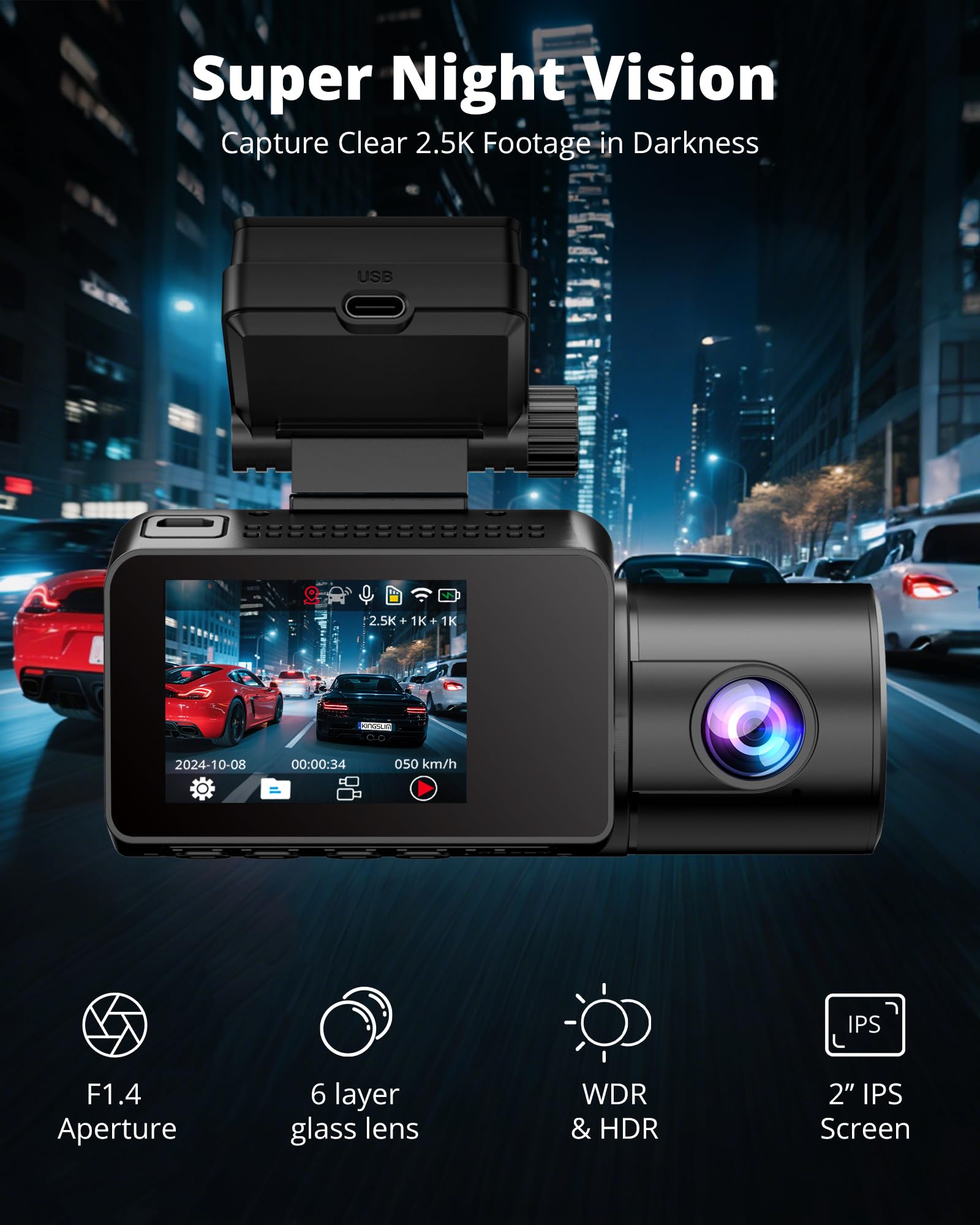 Dash Cam Front And Rear Inside, 3-Channel 2.5K Fhd Dash Camera For Cars With 2'' Screen, Wireless Dashcam With 5Ghz Wifi, 64Gb C