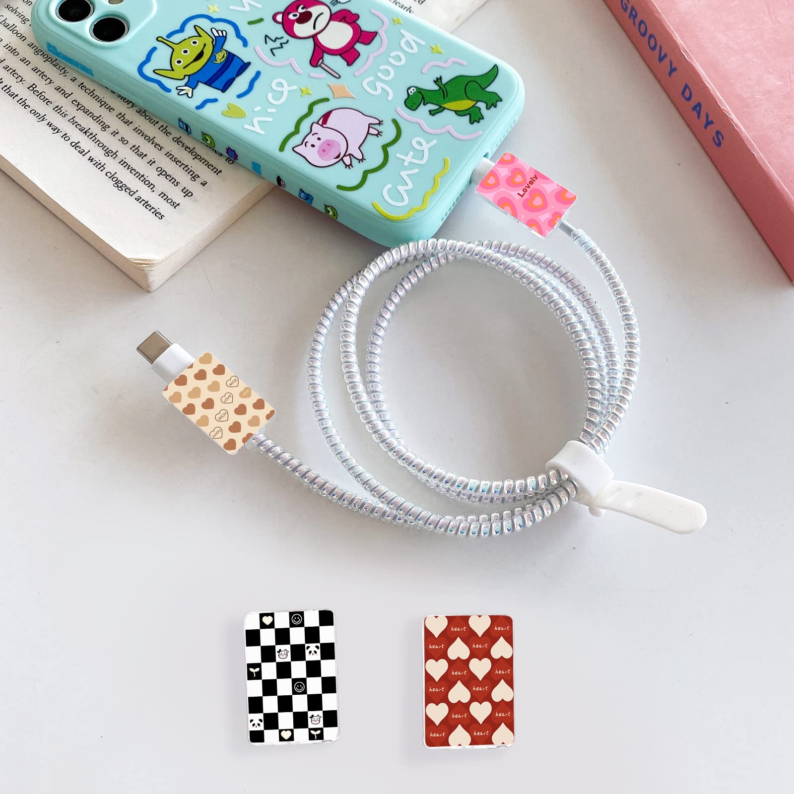 Cute Cartoon Protector For Iphone Charger Kawaii Love Heart Cow Panda Unique Pattern 4 Pcs Set Cable Protector For Women Girls,C