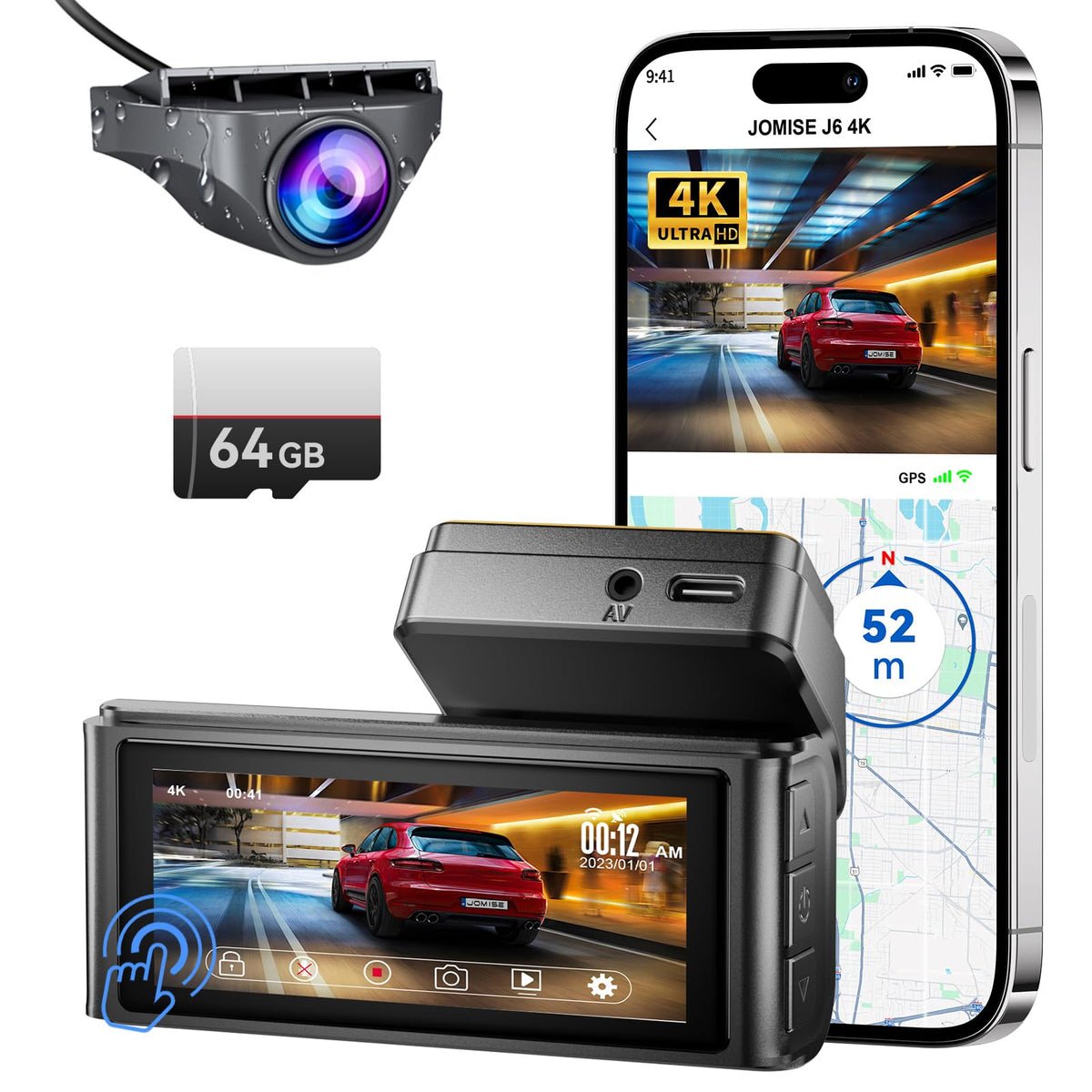 Jomise 4K Dash Cam Front And Rear, 3.16    Ips Touch Screen, 64Gb Card Included, Dual Dash Camera For Cars, Built-In Gps Wi-Fi, 