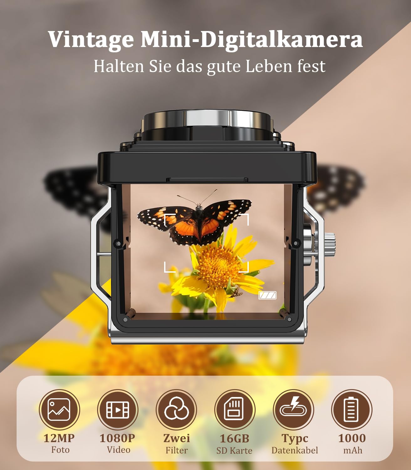 TURNRISE CHUZHAO Digital Camera, 12MP Autofocus, 1080P FHD, Ultra-Compact, Black, TLR Style, Includes 16GB Card for Beginners