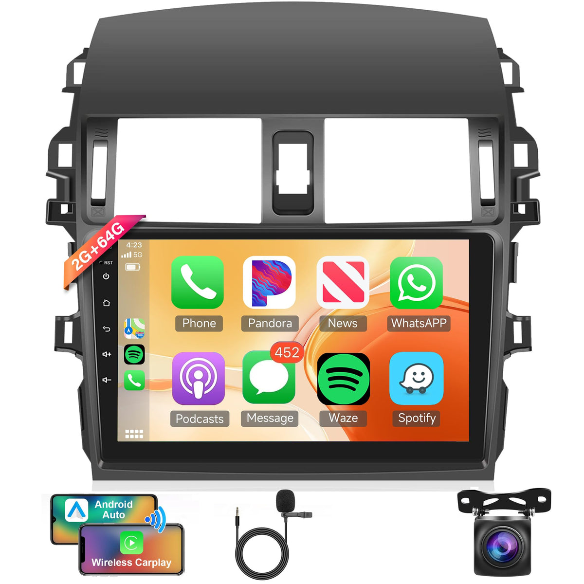 2G 64G Car Radio Stereo For Toyota Corolla 2009-2013, Rimoody Android 13 Wireless Carplay And Android Auto 9 Touch Screen Blueto