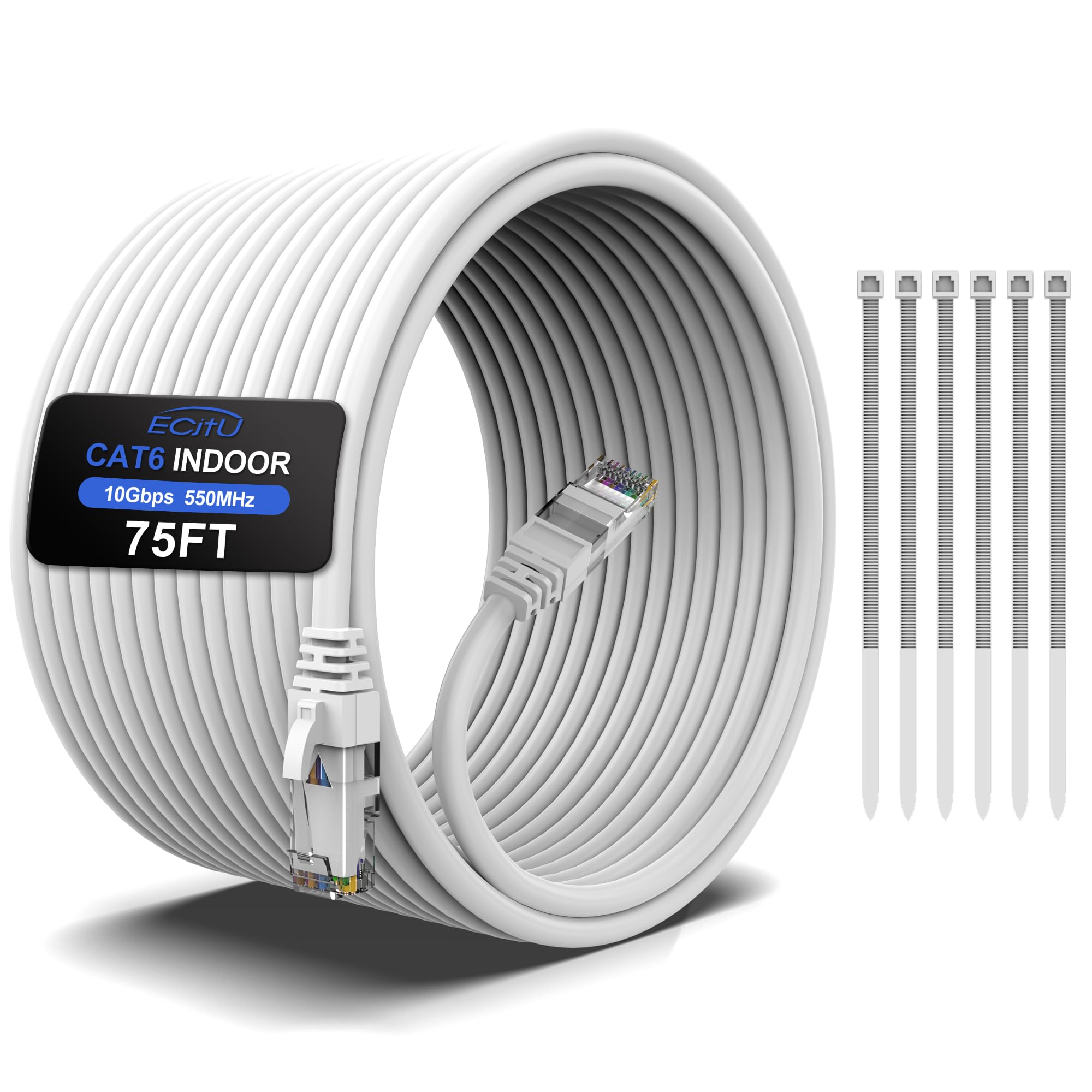 75Ft Cat6 Ethernet Cable, Cat 6 Patch Cable, Cat6 Internet Cable, Utp Network Cable, Indoor And Outdoor, Poe, 24Awg Cca, Compatible For Pc, Laptop, Router, Switch, Server, With 25 Cable Ties   White