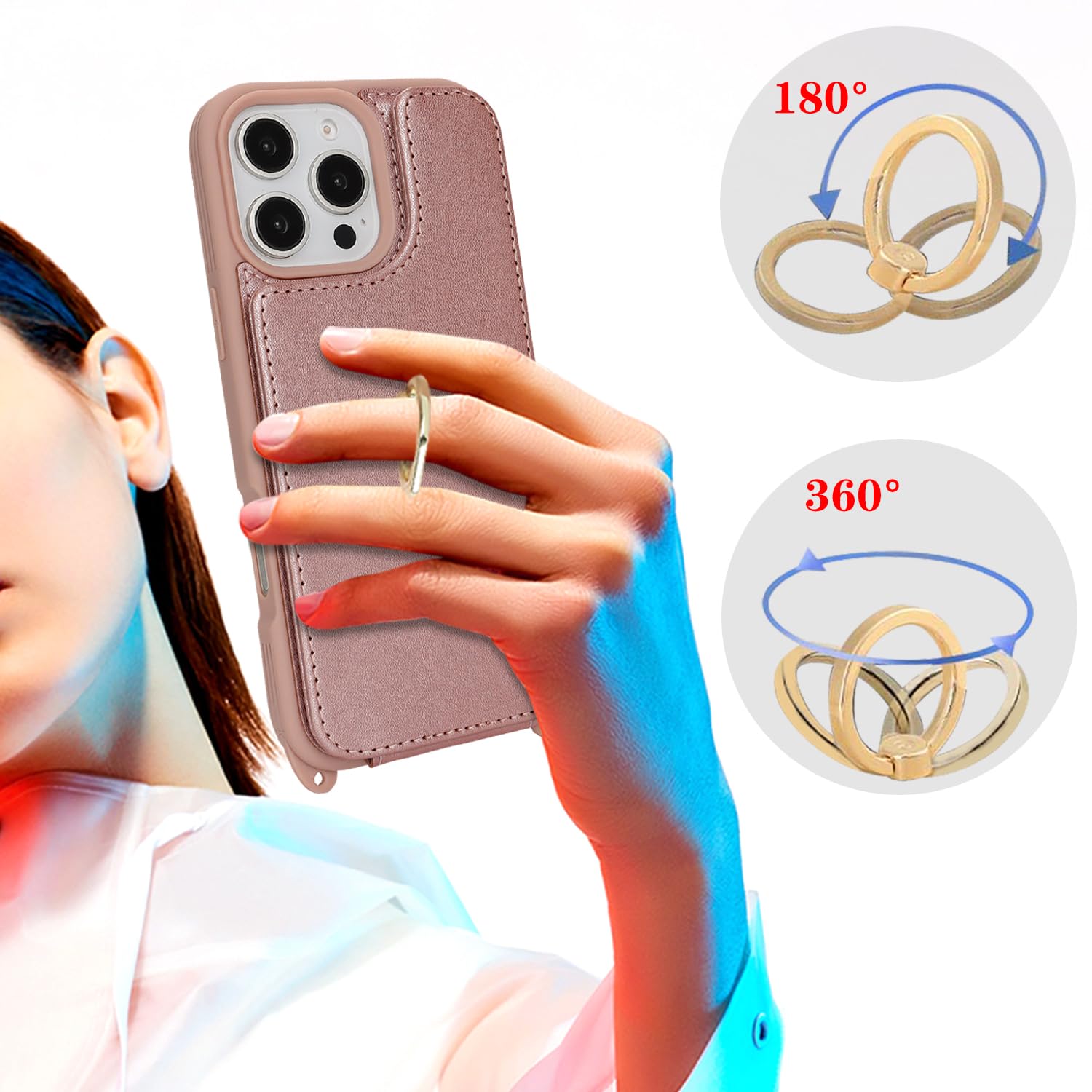 Lipvina For Iphone 16 Pro Case With Card Holder And Strap For Women,Crossbody Lanyard,Ring Stand,Snap Clasp,Cute Phone Wallet Ca