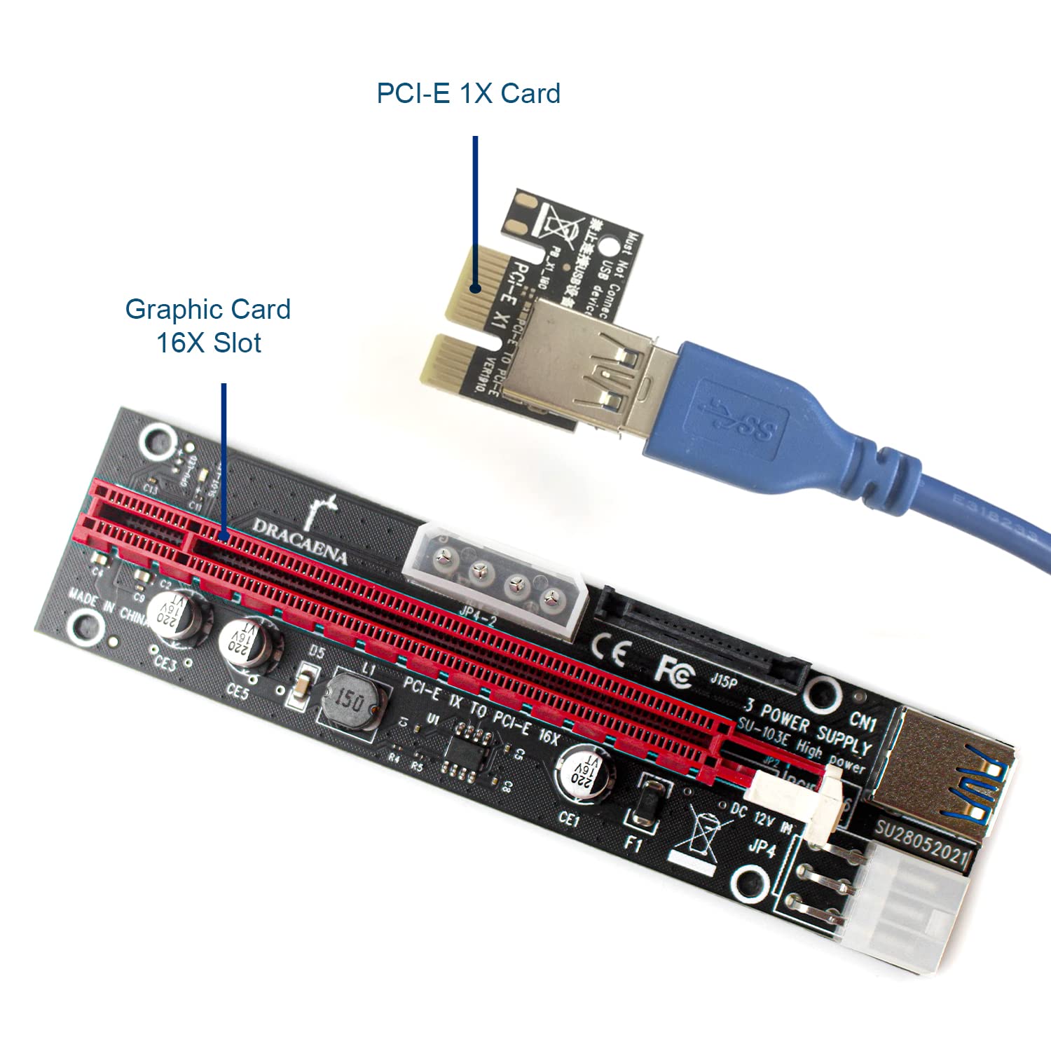 Dracaena 2 Pack Pcie Riser Adapter Card For Gpu Crypto Mining16X To 1X (6Pin/ Molex/Sata Powered) Led Status + 60Cm Usb 3.0 Cabl