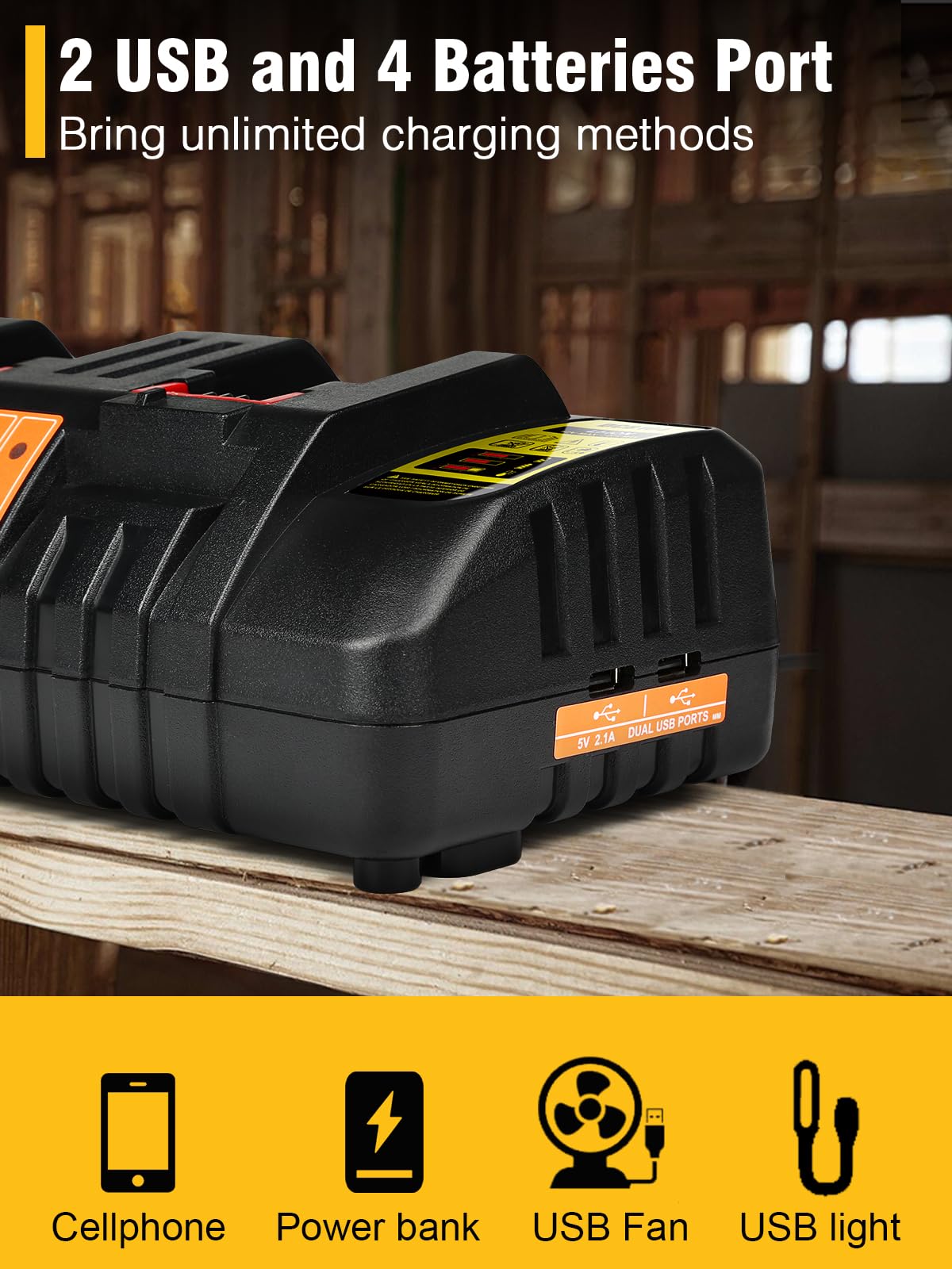 Dcb104 20V Max Battery Charger Replacement For Dewalt Battery Charger, 4 Port Multi Charger Station With 2 Usb Ports, Compatible