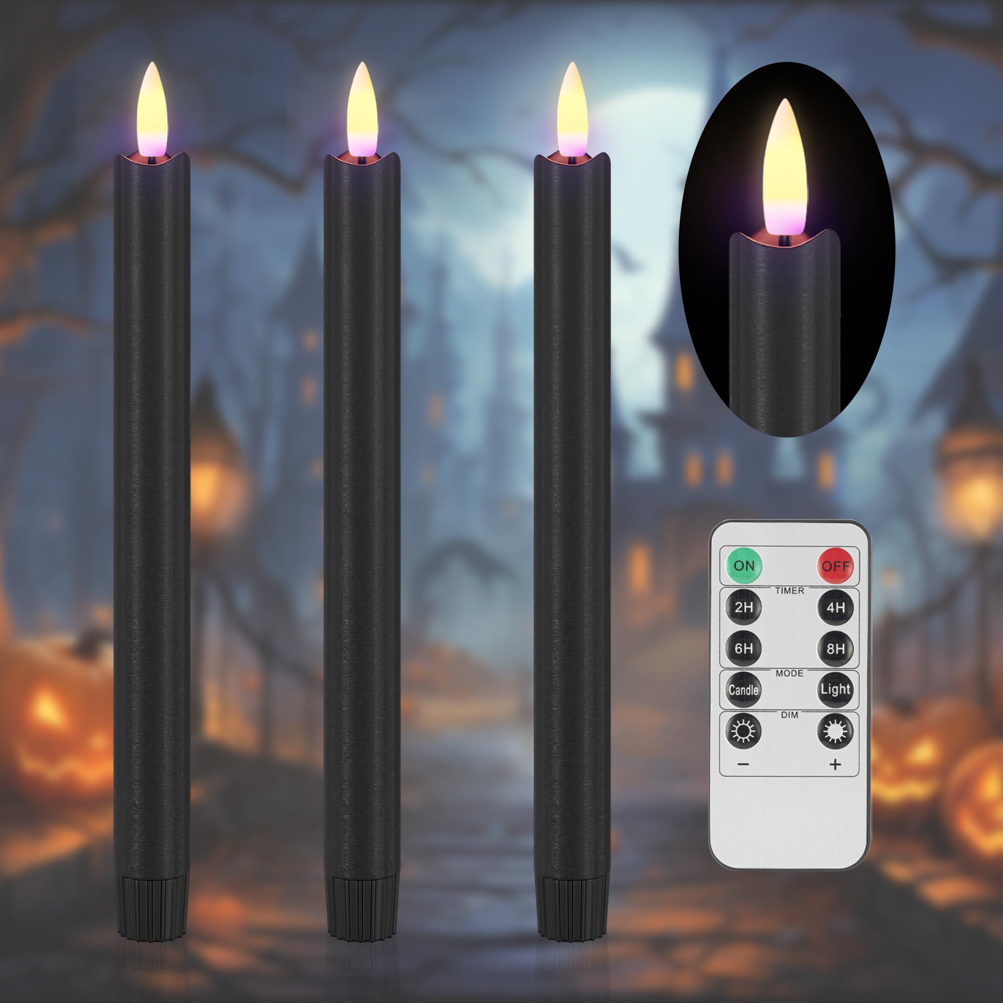SHENSY Black Flameless Taper Candles, Set of 3 - 9.64 LED Candlesticks with 3D Flickering Flame, Real Wax Battery Candles with R