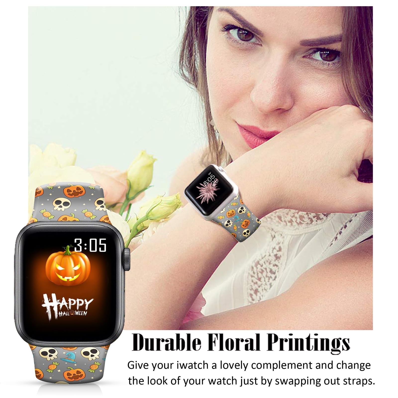Ftfcase Fall Halloween Floral Silicone Bands Compatible With Apple Watch 49Mm 45Mm 44Mm 42Mm, Pumpkin Skull Gray Flower Sport St