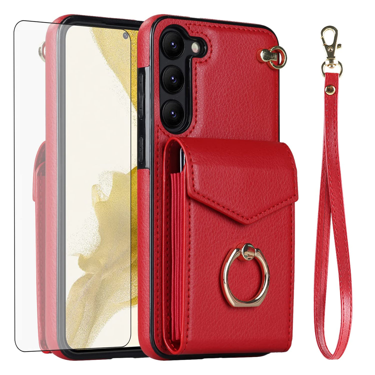 Asuwish Phone Case For Samsung Galaxy S23 Plus 5G Wallet Cover With Tempered Glass Screen Protector And Ring Stand Credit Card H