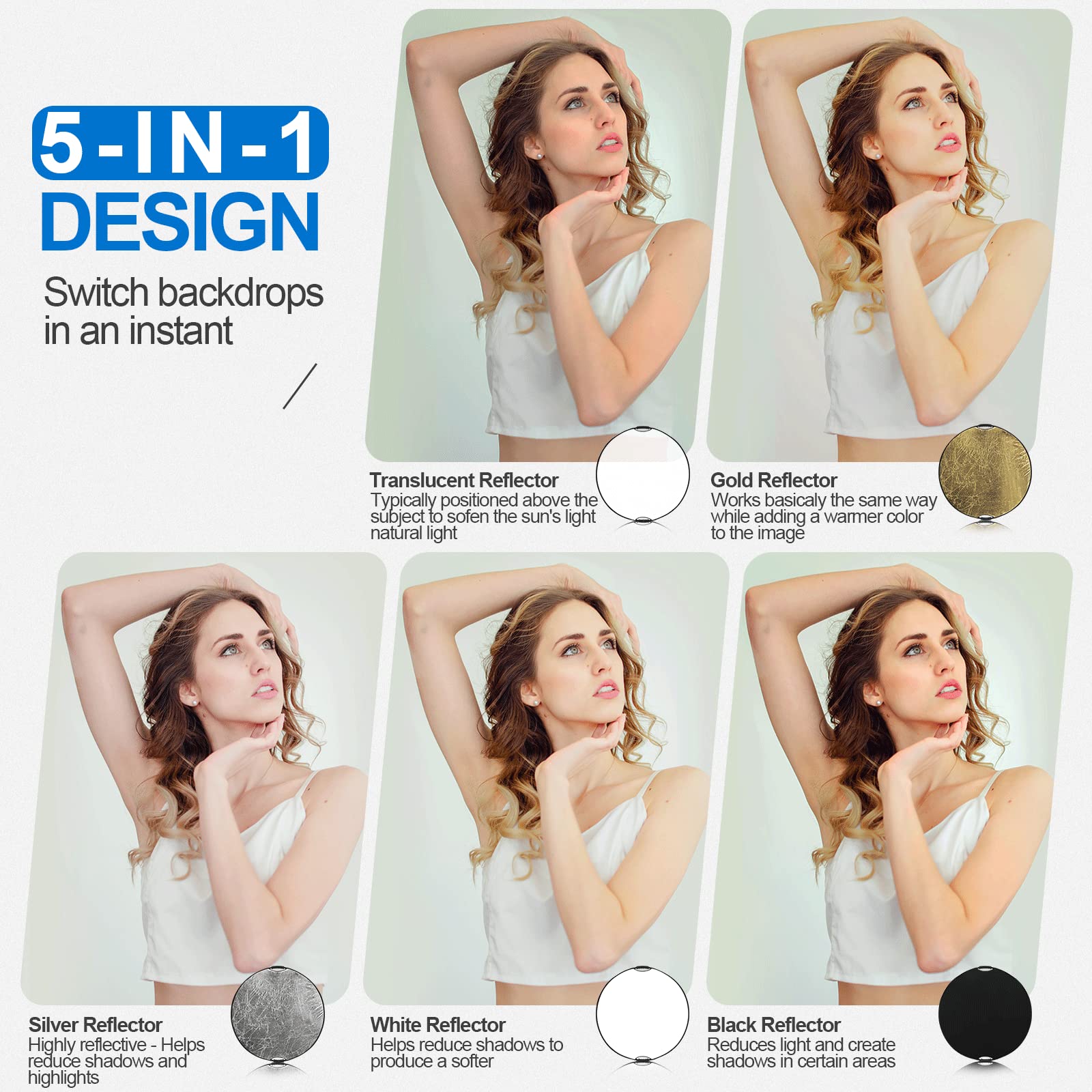 Wellmaking 32 Inch (80Cm) Reflector Photography, Collapsible Light Reflector With Bag & Tilt Adapter, 5 In 1 Handle Reflector Fo