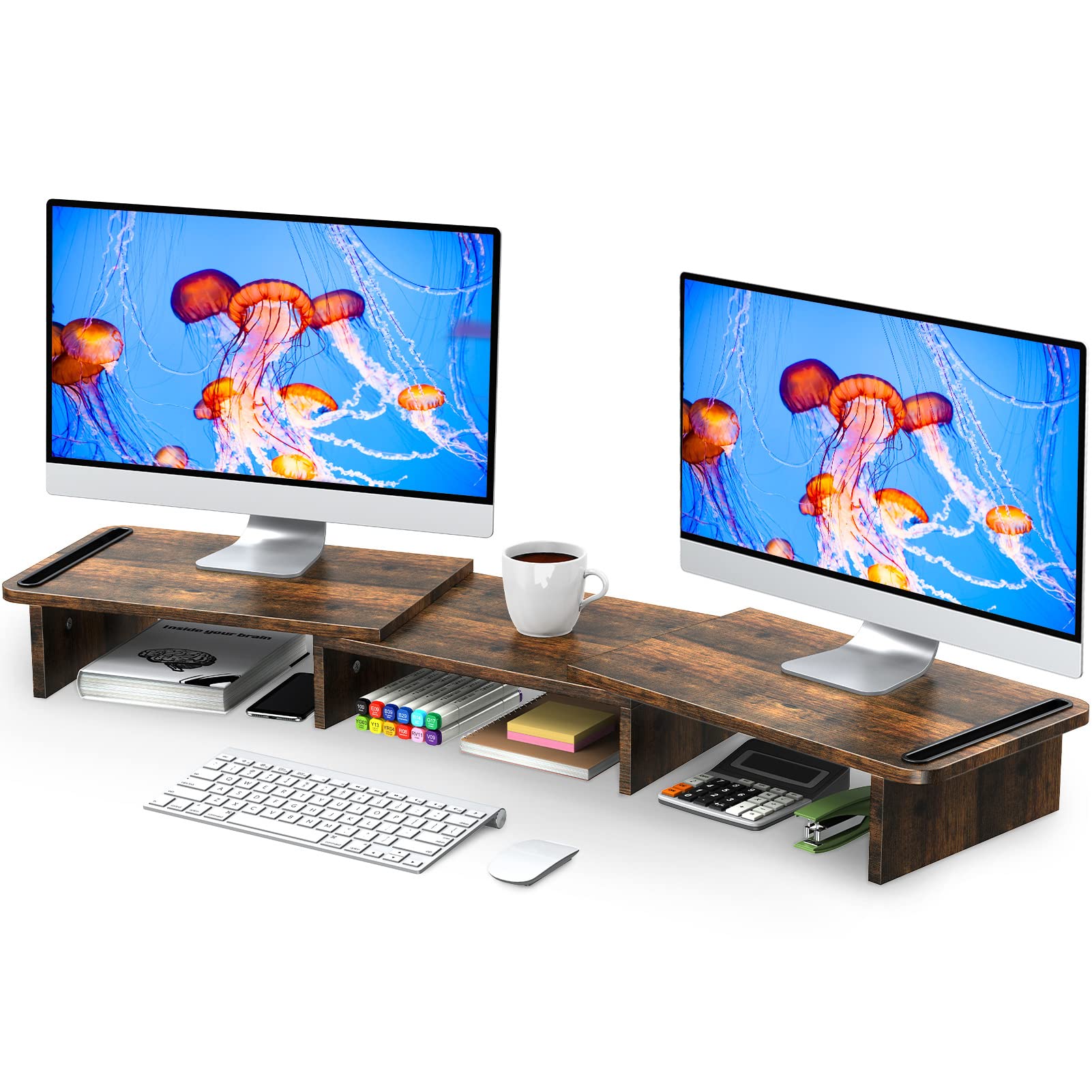 Zimilar Dual Monitor Stand Riser, With Adjustable Length And Angle, Wood For Desk, Riser 2 Monitors Storage Space (Rust Brown La