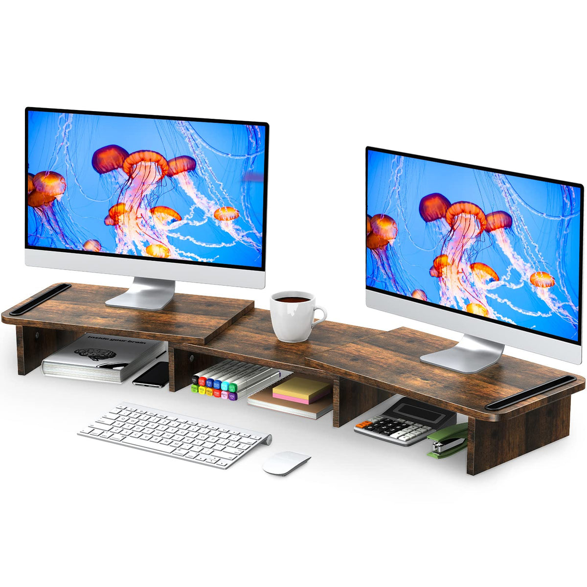 Zimilar Dual Monitor Stand Riser, With Adjustable Length And Angle, Wood For Desk, Riser 2 Monitors Storage Space (Rust Brown La