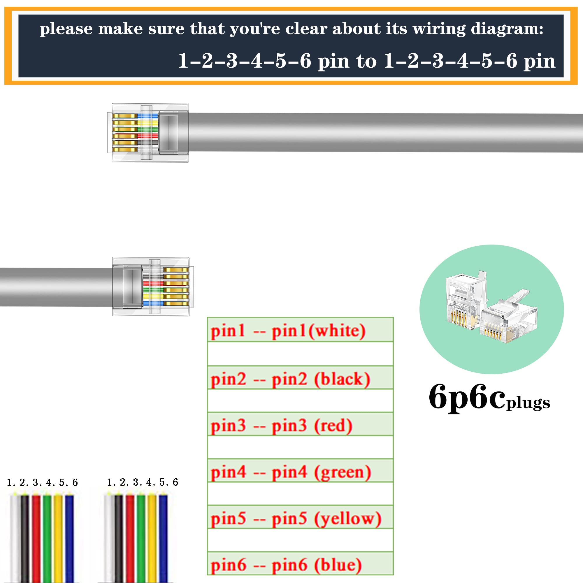 Lansensu Rj12 Cable Phone Cord Rj12 6P6C Male To Male Straight Wired For Both Data And Voice Use   2Pack (Silver, 10Ft)
