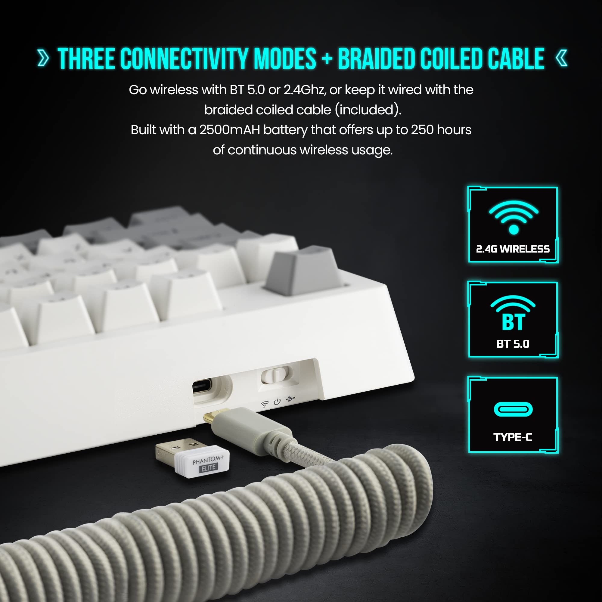 Tecware Phantom+ Elite 87 Key Rgb Mechanical Gaming Keyboard, Led Backlit, Universal Hot Swap, Wired And Wireless, 3 Mode Connectivity, Thocky Sounding, White Elite Wraith Pink