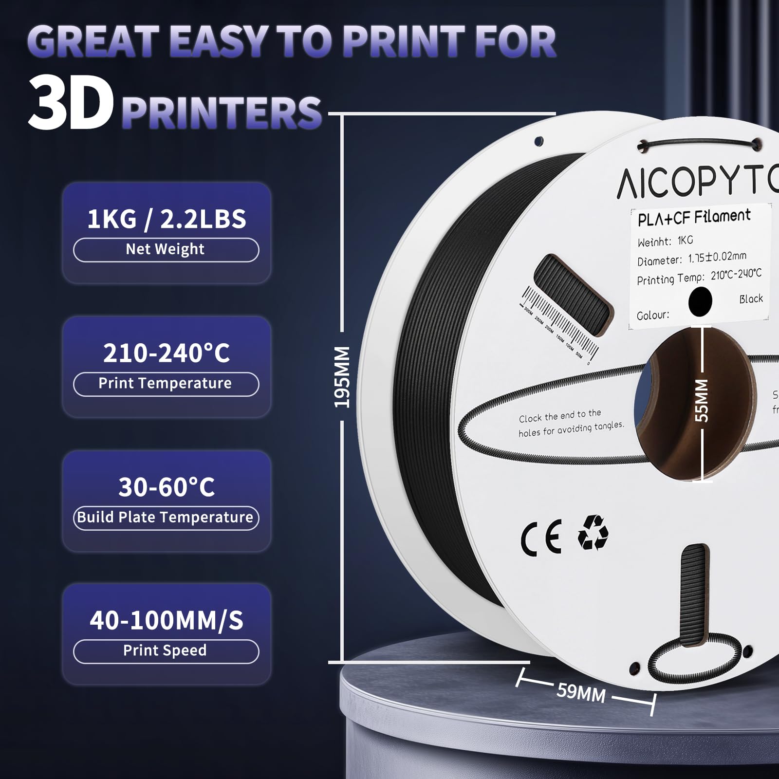 Aicopyto Carbon Fiber Pla (Pla-Cf) Filament, 3D Printing1.75Mm 1Kg Spool(2.2 Lbs) Dimensional Accuracy +/- 0.02Mm - Pla Cf Filam