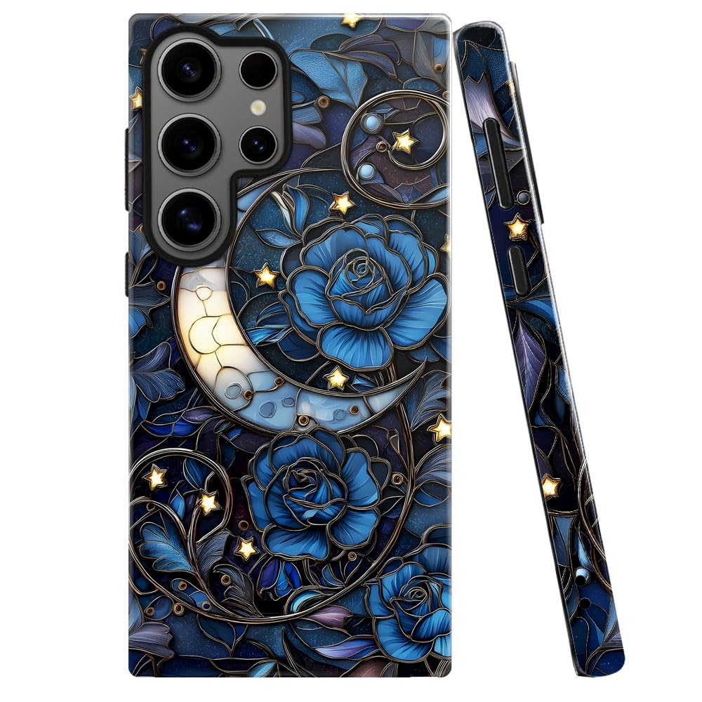 Case for Samsung Galaxy S25 Ultra,Stained Glass Moon Mosaic Dark Academia Phone Case Military-Grade Drop Protection Cover for Wo