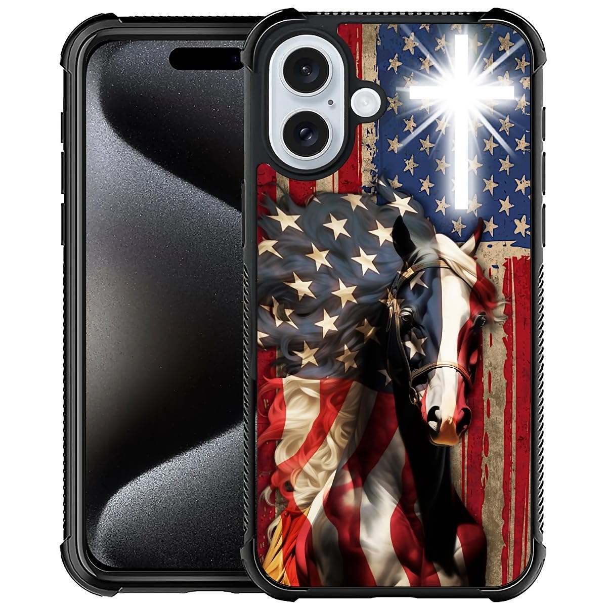 Fkbrcl4U For Iphone 16 Plus Case, Red American Flag Horse Cross Pattern Graphic Design Girl Boy Soft Silicone Hard Acrylic Shock