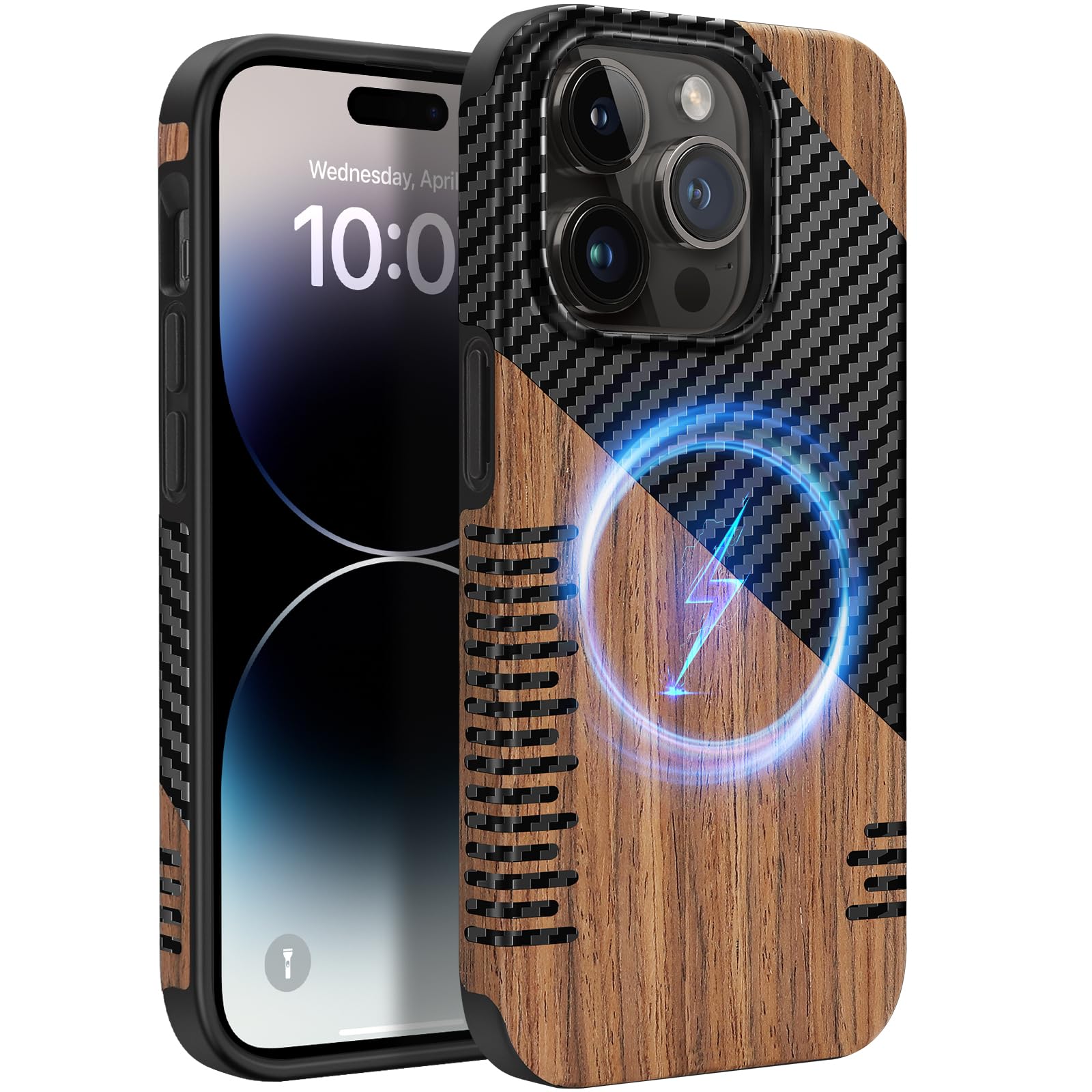 ZZDZZ Magnetic Case Compatible with iPhone 14 Pro Case [Compatible with MagSafe] Wood and Leather Carbon Fiber Design Hybrid Sho