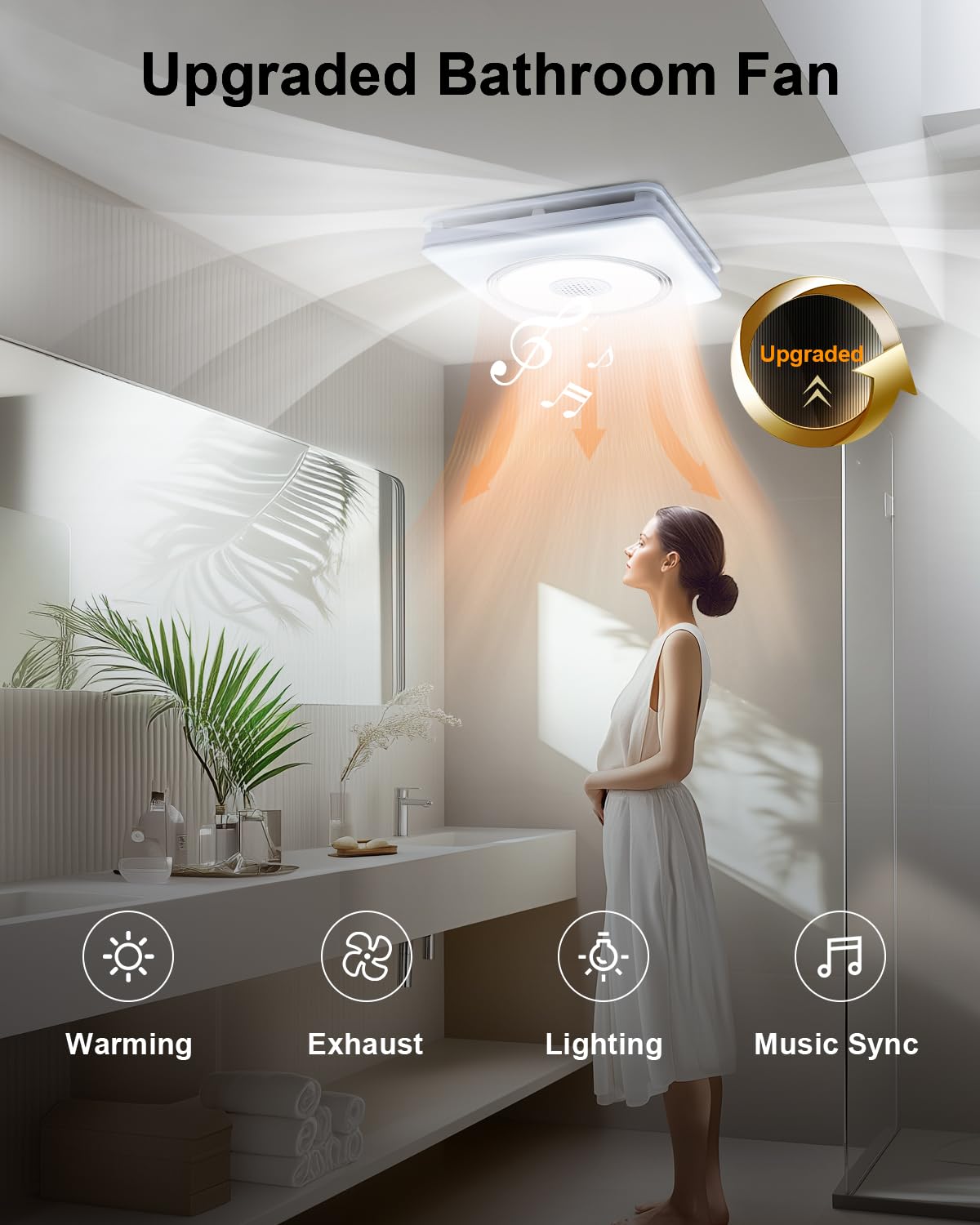 Growneer Bathroom Fan With Bluetooth Speaker, 110/160 Cfm 1.0 Sone Bathroom Exhaust Fan With Heater, Exhaust Fan With Light & Re