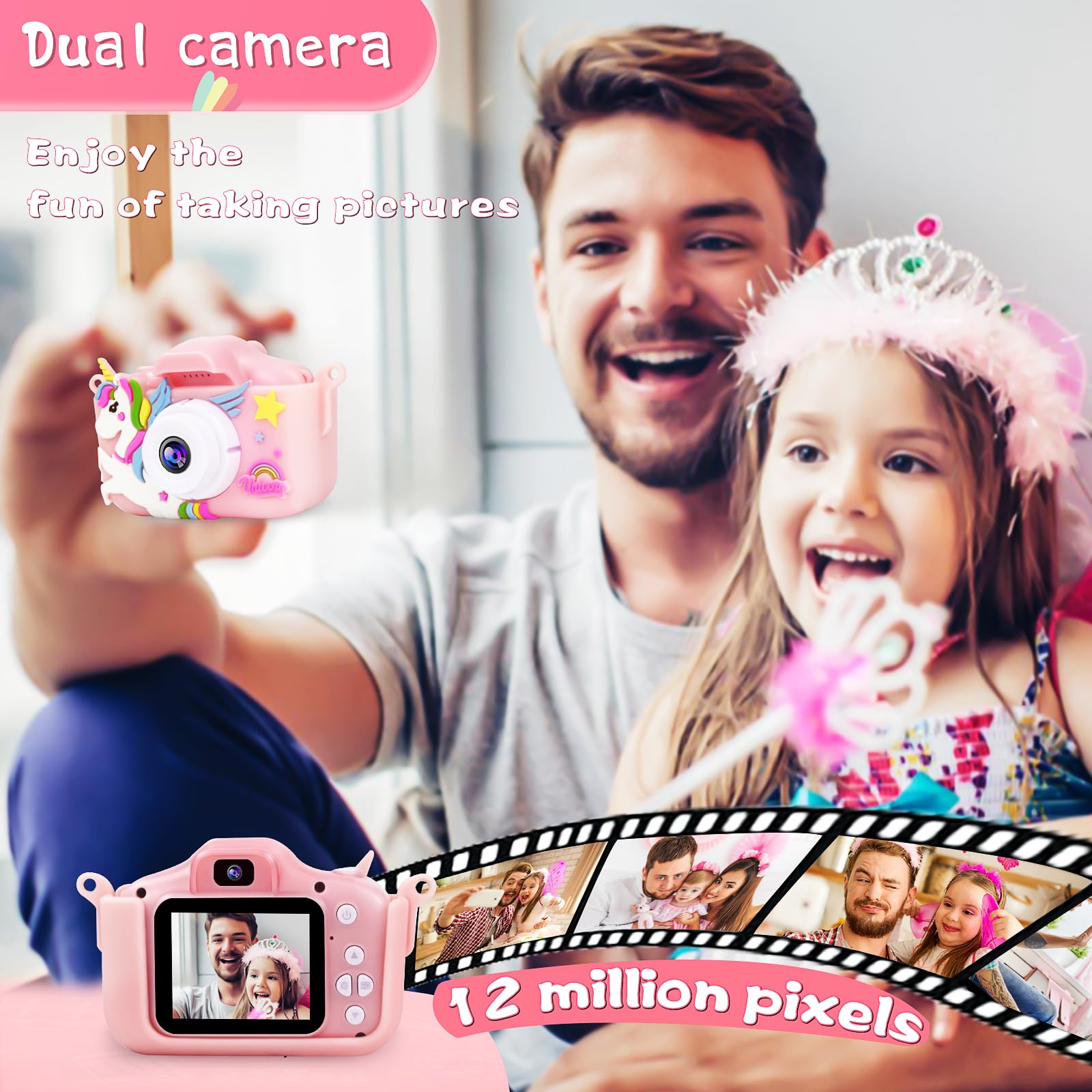 Prograce Kids Camera For Girls   Toddler Dual Camera Toys Portable Hd Kids Camera Birthday Christmas New Year Unicorn Gifts For Girls Age 3 4 5 6 7 8 32G Sd Card,Pink
