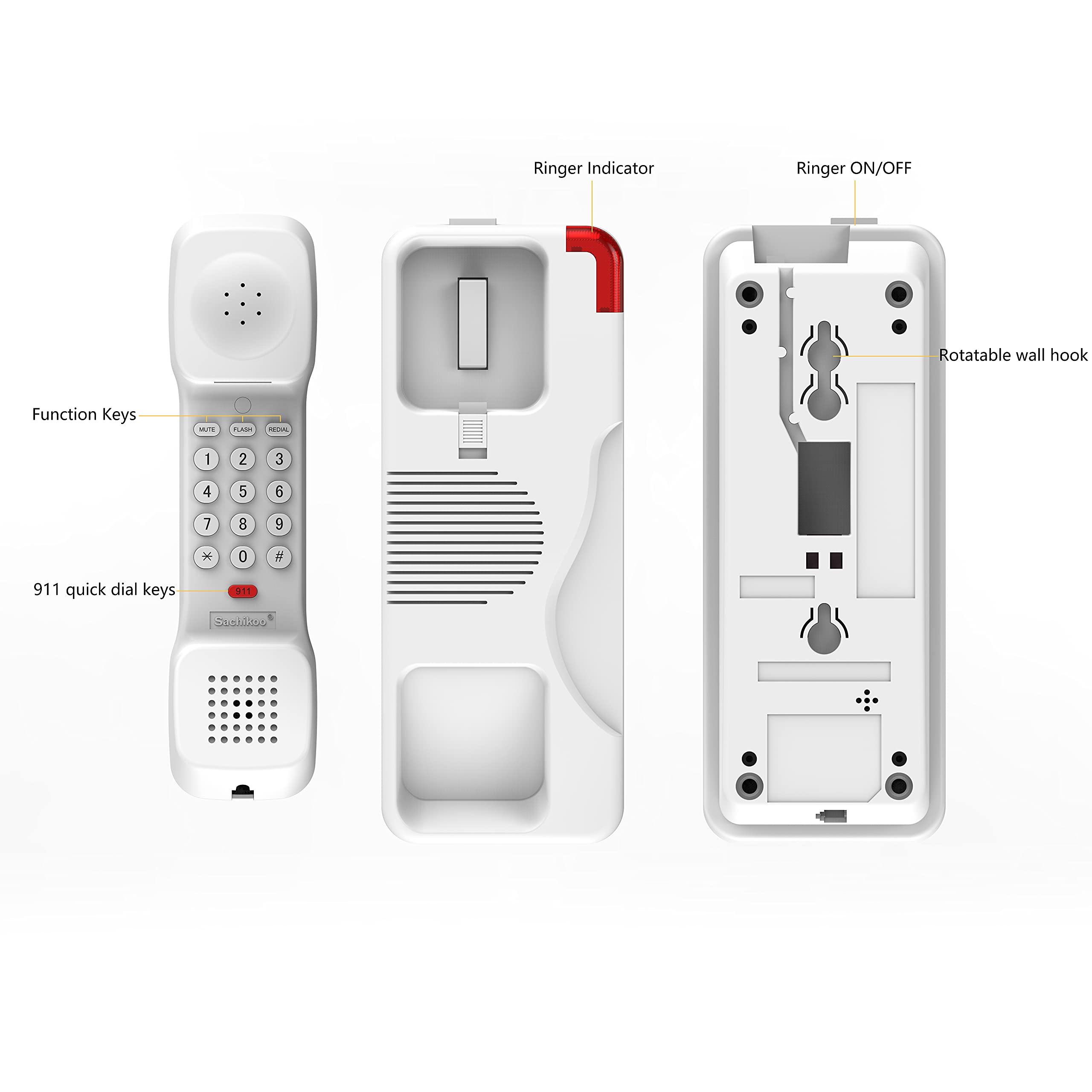 Ornin T108 Trimline Corded Telephone, Sos Key, Wall Mountable, Hotel And Home Use Phone(White)
