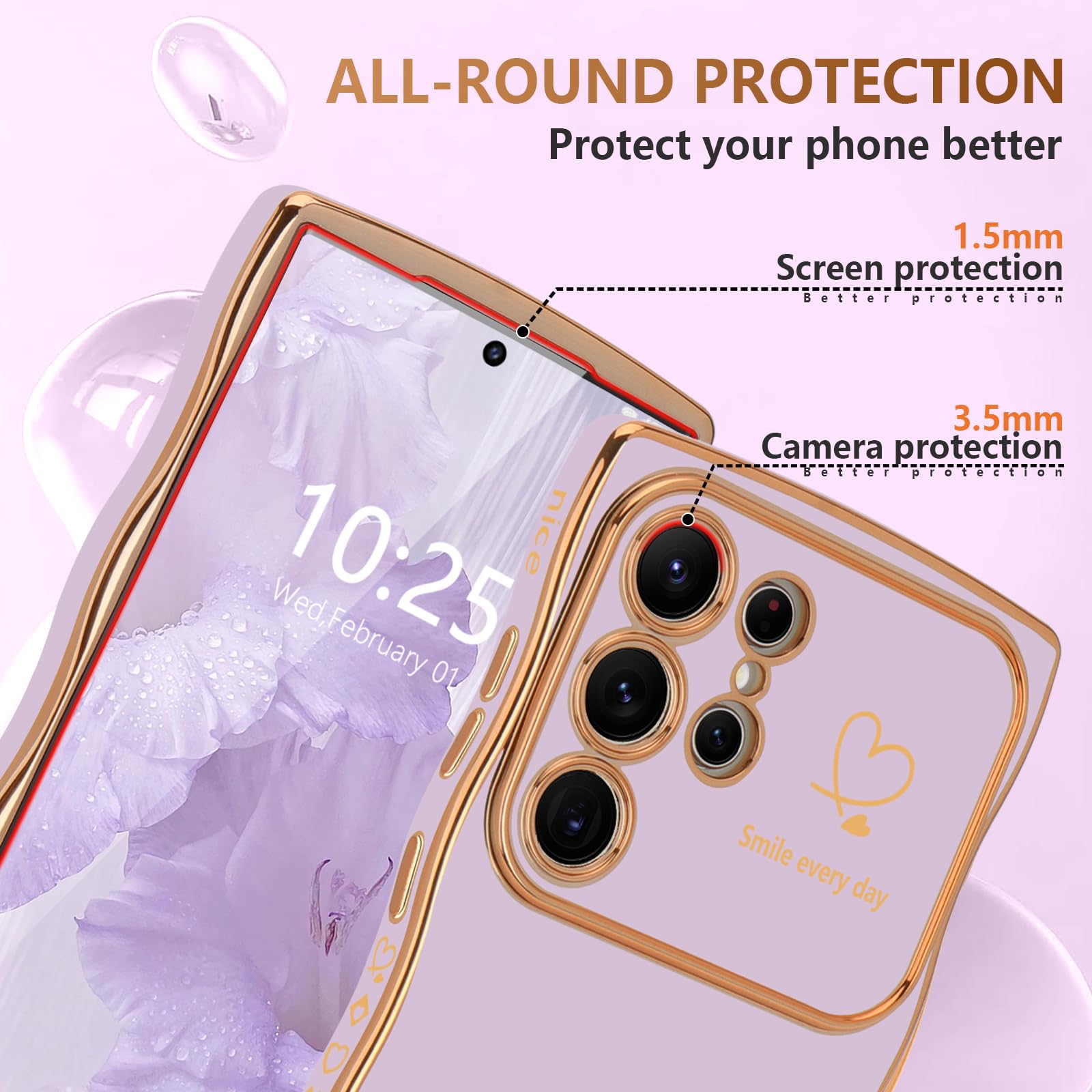 Lchulle For Samsung Galaxy S23 Ultra Case For Women Girls, Cute Wave Frame Curly Shape With Love Heart Camera Protection Luxury