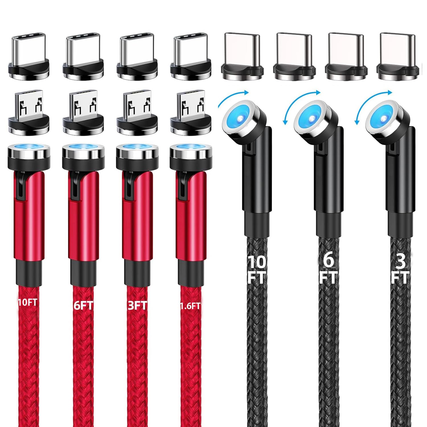 540� Rotation Magnetic Charging Cable(7 Pack, 1.6Ft/3.3Ft/3.3Ft/6.6Ft/6.6Ft/10Ft/10Ft)Nylon Braided Usb C Magnetic Phone Charger, 3 In 1 Magnetic Cable Compatible With Micro Usb, Type C Iproduct Etc