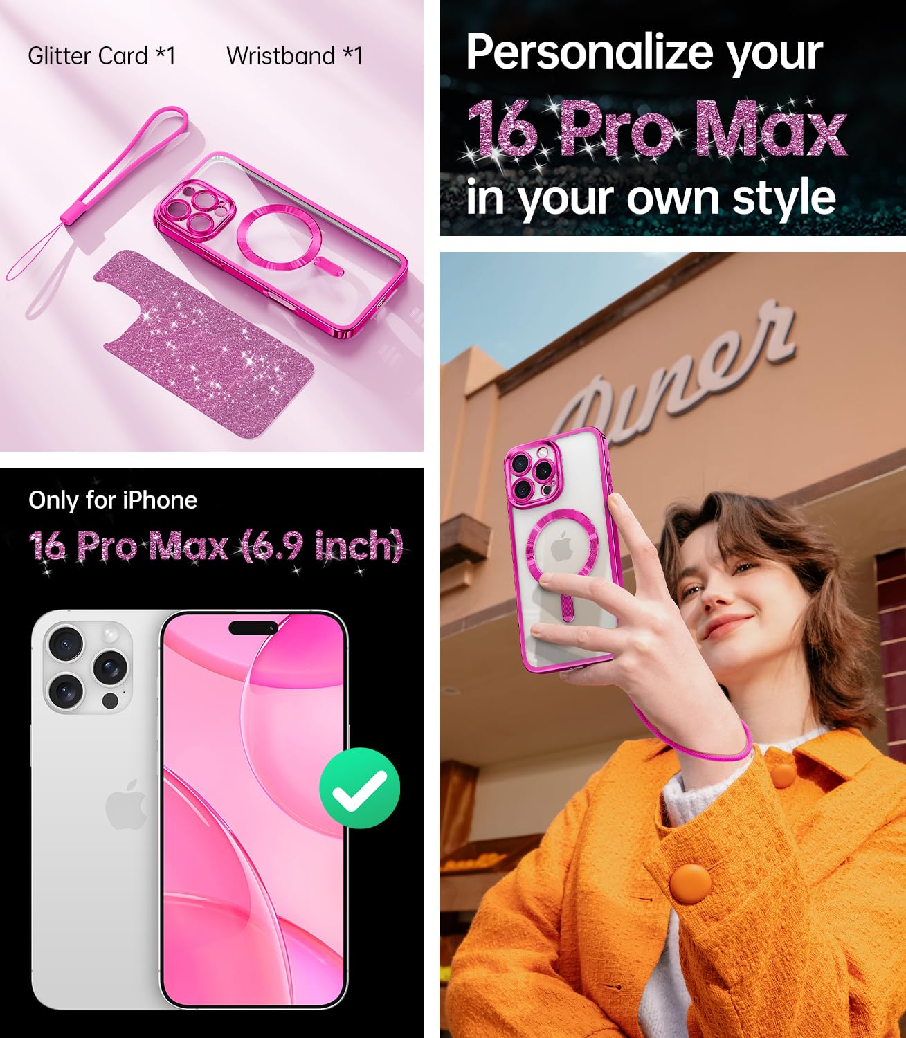Meifigno For Iphone 16 Pro Max Case, [Glitter Card & Wrist Strap] [Compatible With Magsafe] [Military Grade Protection] Surround