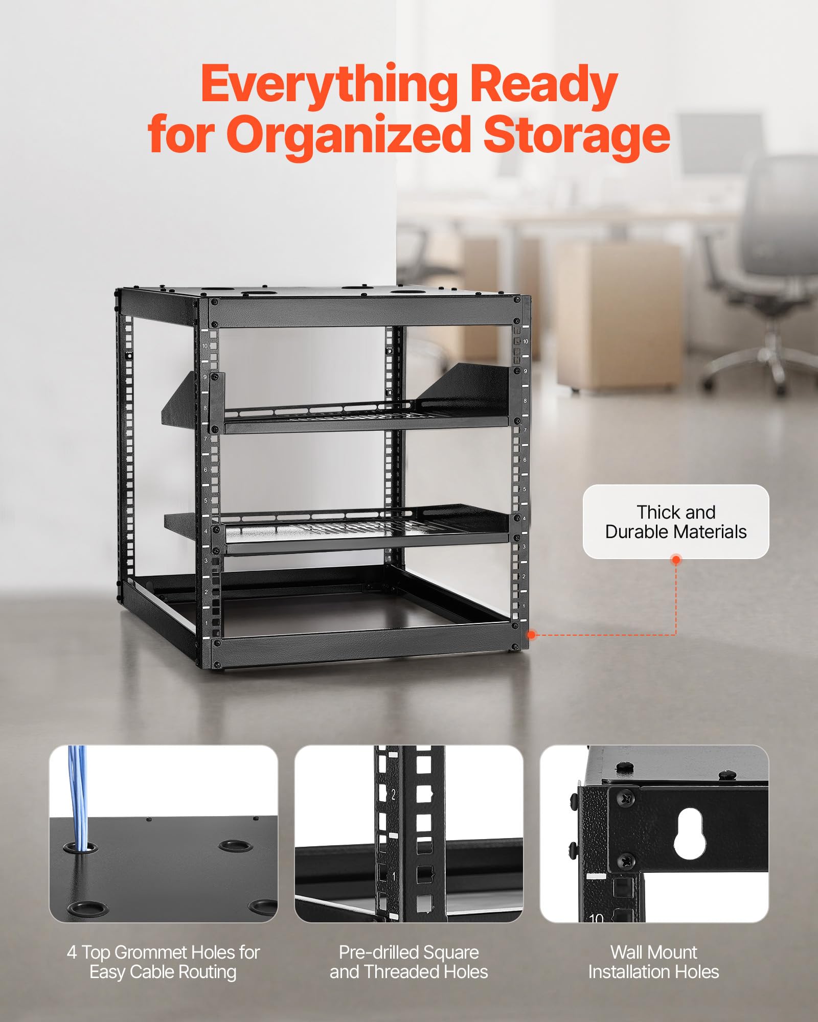 Vevor 10U Server Rack, Open Frame Network Rack,4-Post Floor Standing Or Wall Mounted, Includes 2Pcs Vented 1U Rack Shelves & Mou
