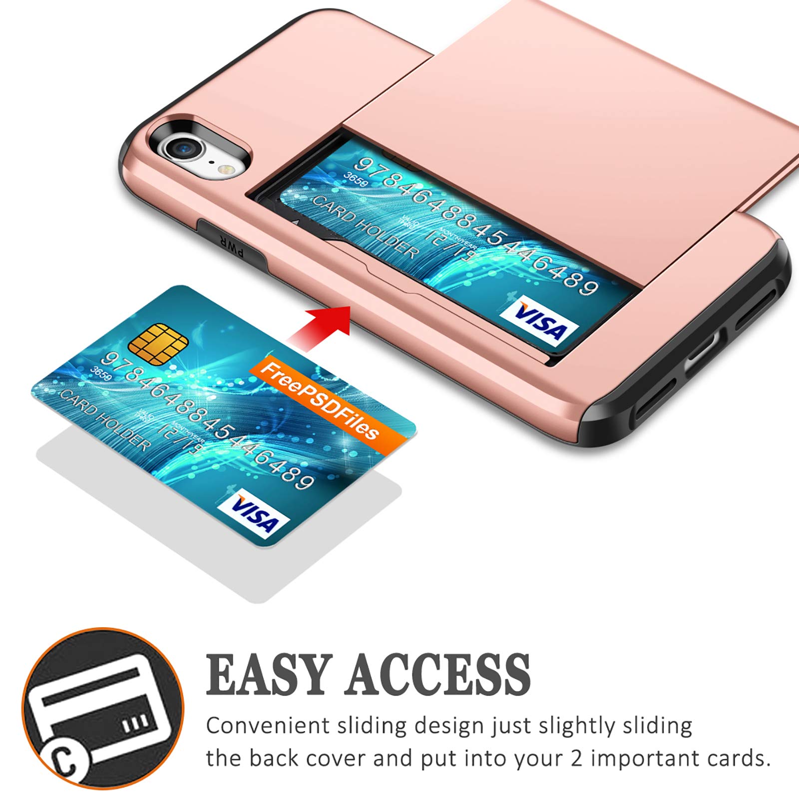 SAMONPOW iPhone XR Hybrid Wallet Case Card Holder Heavy Duty Dual Layer PC Rubber Rose Gold 6.1 inch