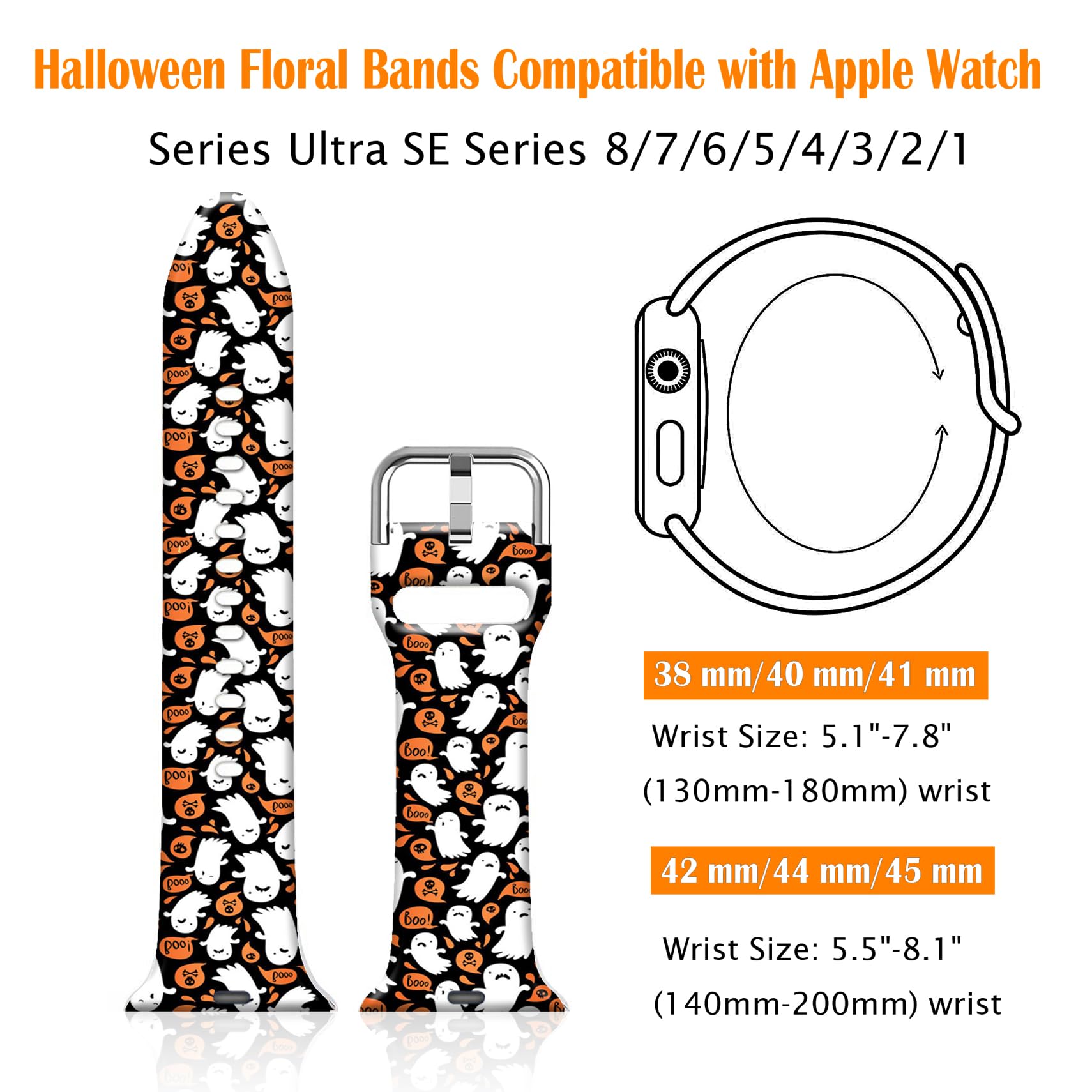Ftfcase Fall Halloween Floral Silicone Bands Compatible With Apple Watch 49Mm 45Mm 44Mm 42Mm, Halloween Boo Flower Sport Strap R