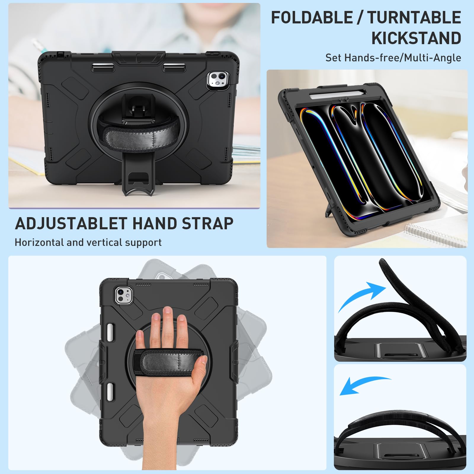 Supfives Case For Ipad Pro 13 Inch 2024 (7Th Gen), With Screen Protector/Shoulder Strap/Pencil Holder/Handle/Rotating Stand, Bla