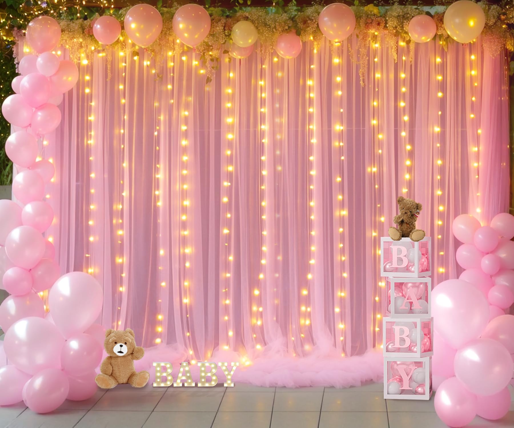Pink Tulle Backdrop Curtains With Lights String For Parites 20Ft  8Ft Pink Sheer Backdrop Curtains For Baby Shower Girls Bridal