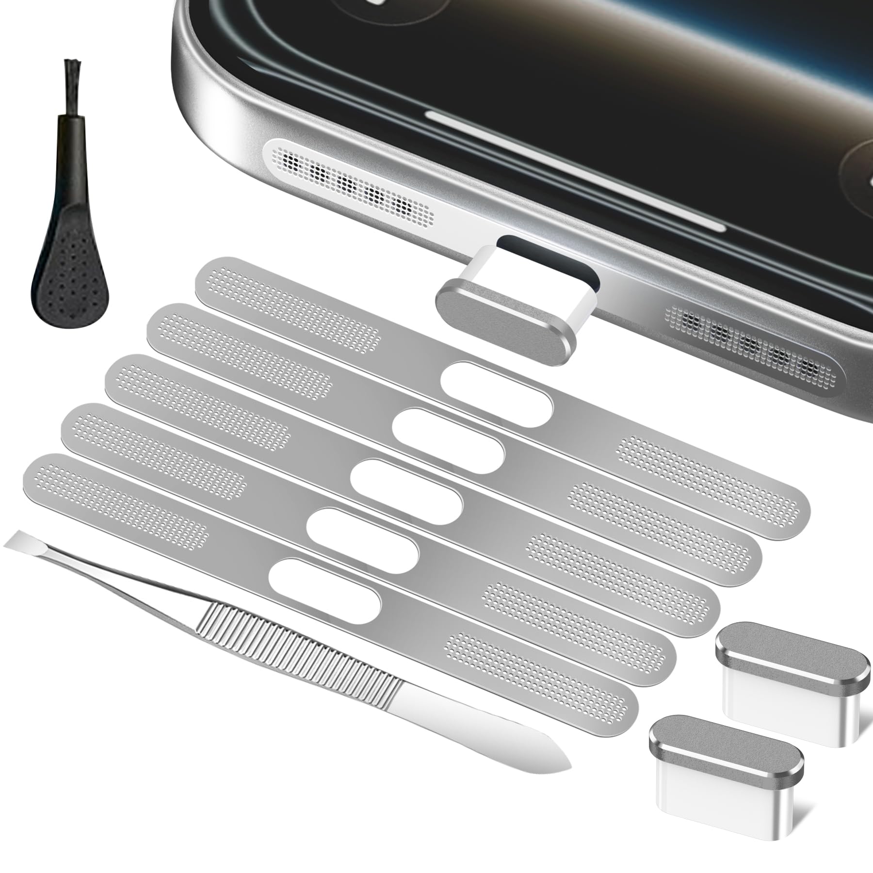 MIUOLV Speaker Protector Compatible with iPhone 17 Pro Max, Metal Mesh Dust Cover with USB C Dust Plug, Cleaning Tools, Silver
