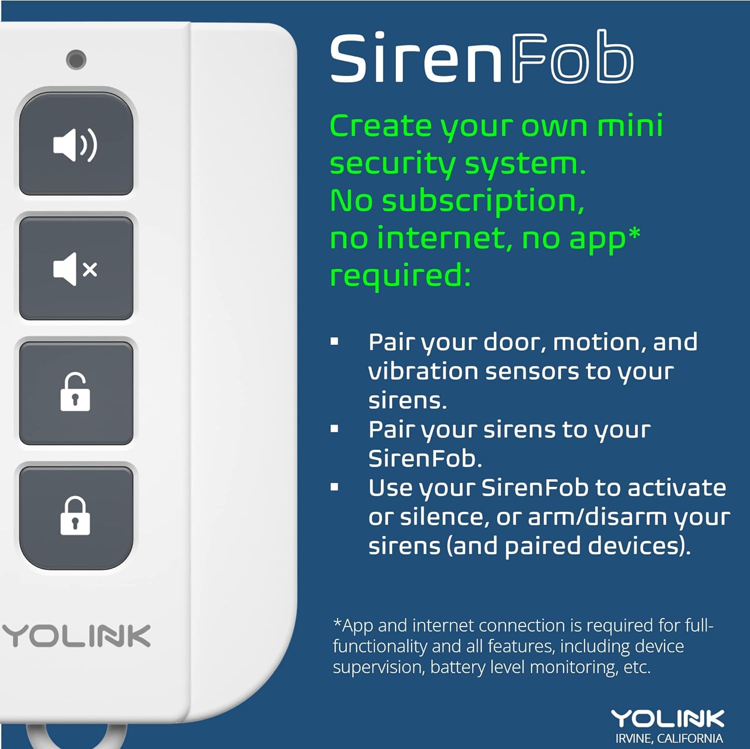 Yolink Sirenfob, 1/4 Mile Open Air Range Siren Controller, Panic Button, Smart Buttons Fob For Use With Yolink Siren Products