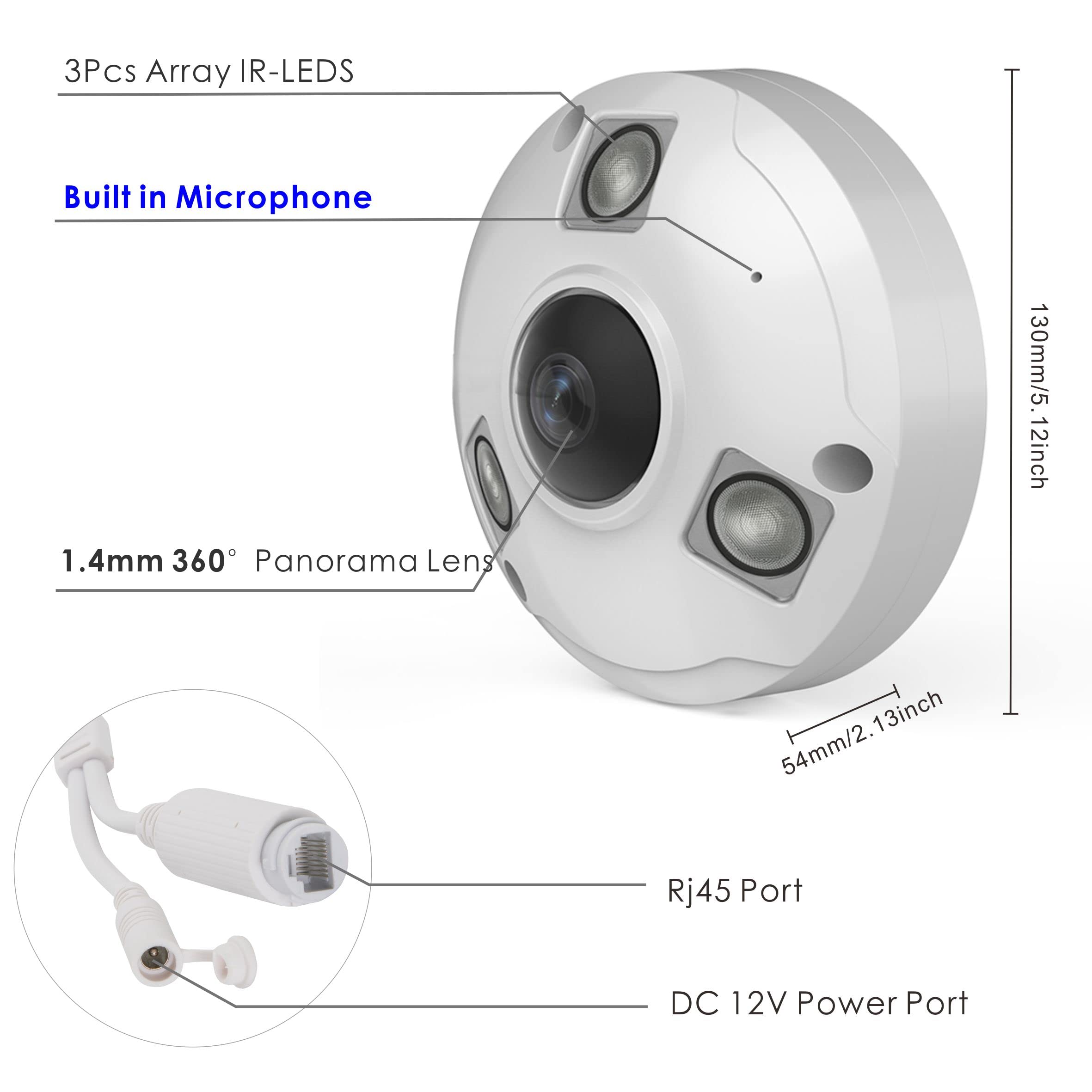 Inwerang 5Mp Poe Ip Fisheye Camera, One Way Talk, 1.44Mm Lens 360 Viewing Angle, 48Ft Infrared Night Vision, Motion Detection, W