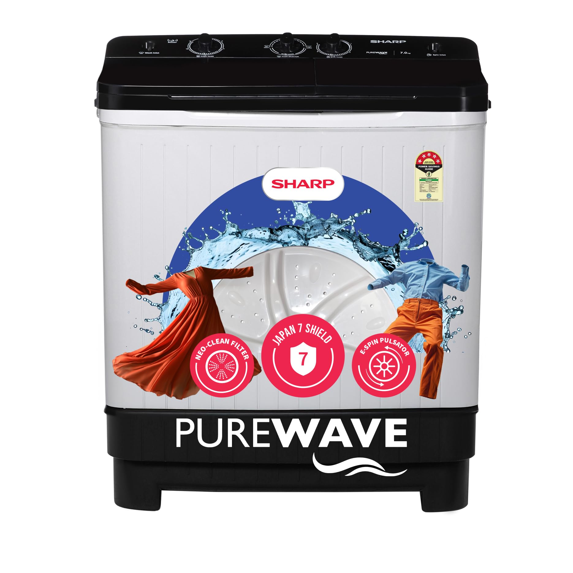 Sharp 7 Kg, 5 Star With ESpin Pulsator,SemiAutomatic Top Loading Washing Machine, 1300 Rpm (EsSd70NbFb, Black, Pure Wave)