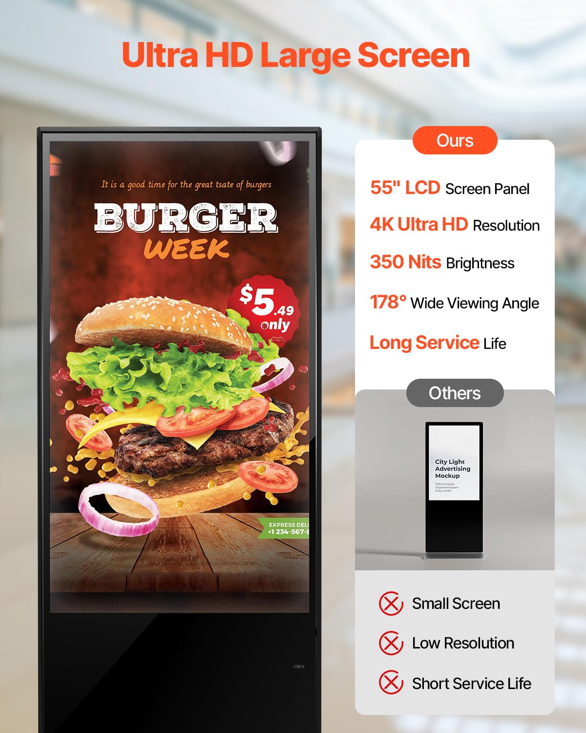 Vevor 55 Inch Digital Signage Display, Touchscreen Digital Kiosk, Indoor Floor Standing Kiosk Display, 4K Uhd Lcd Screen, 2Gb Ra